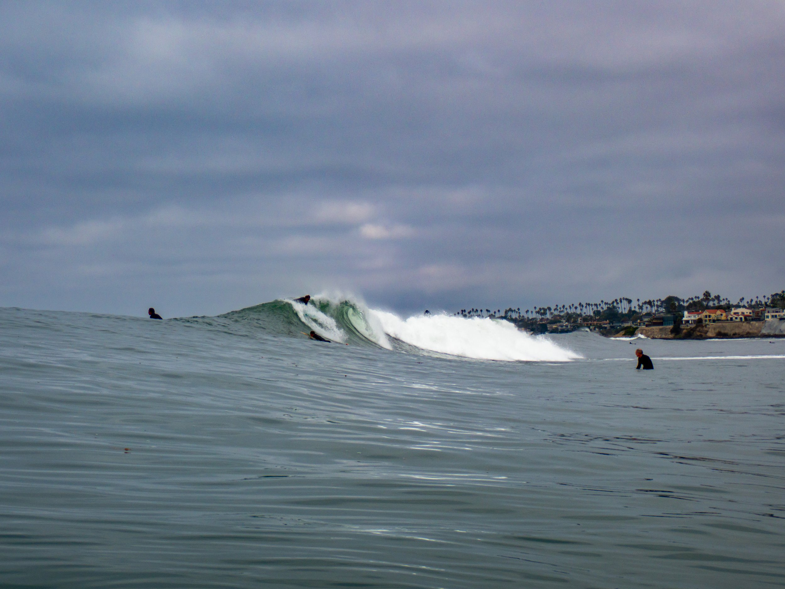 People surfing on ocean waves near a coastline with houses and palm trees, under a cloudy sky.