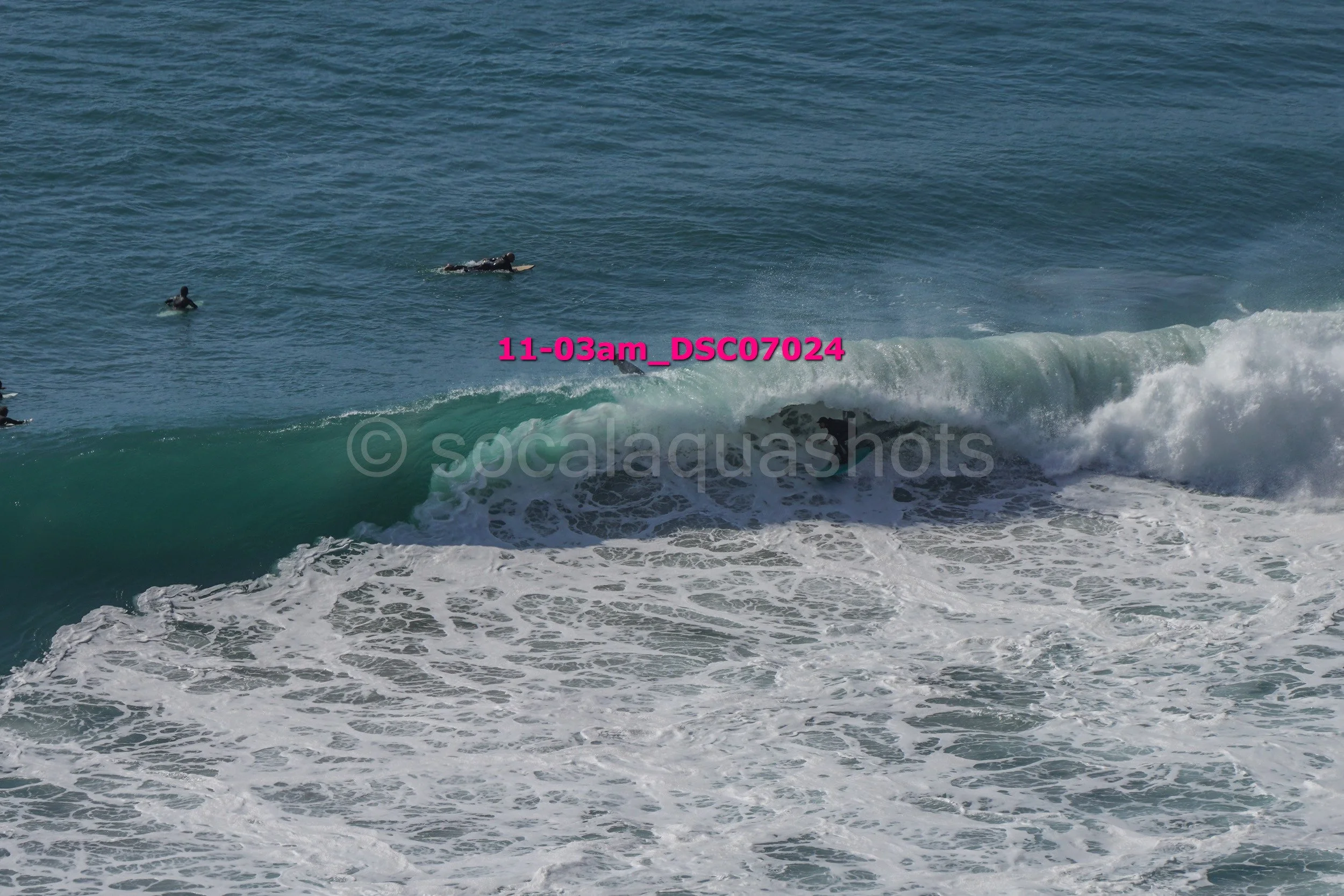 Several surfers in the ocean, with some riding a wave and others waiting in the water.