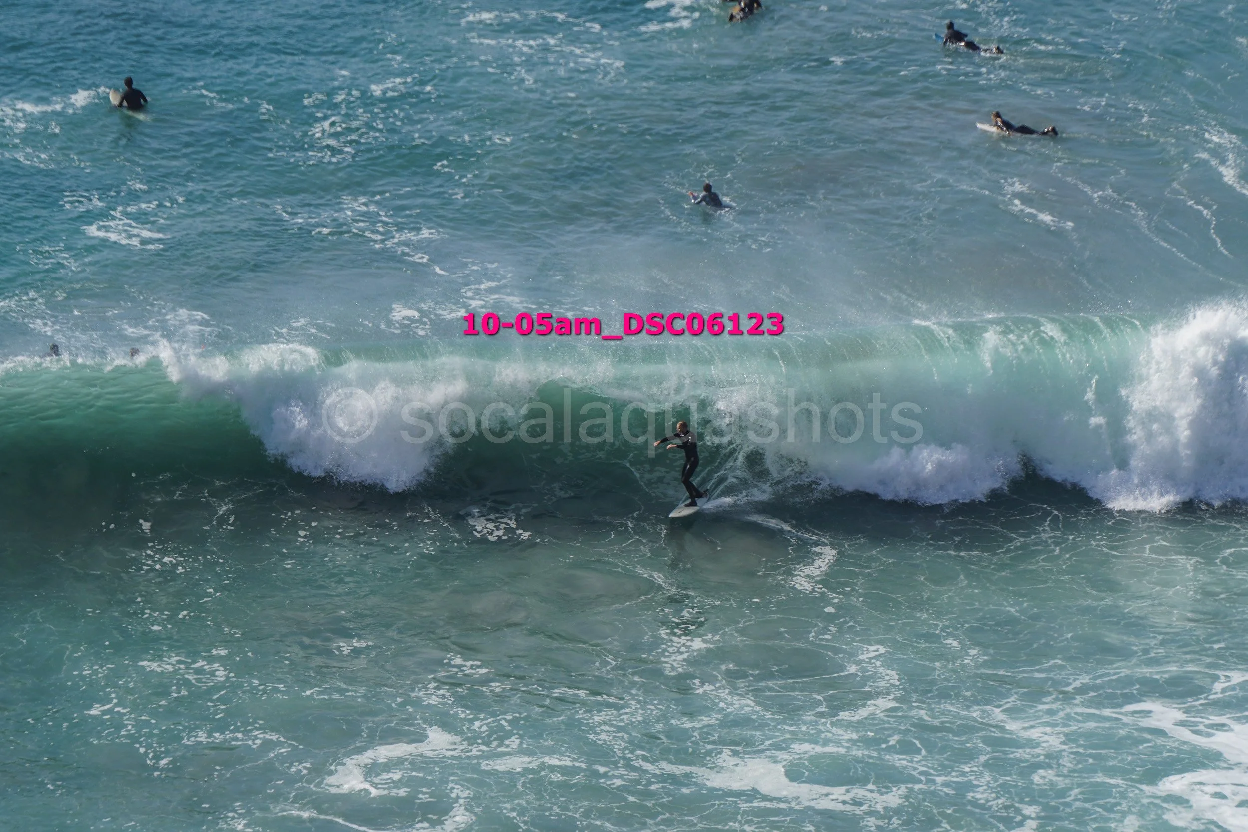Surfer riding a wave while several people are swimming in the ocean in the background.