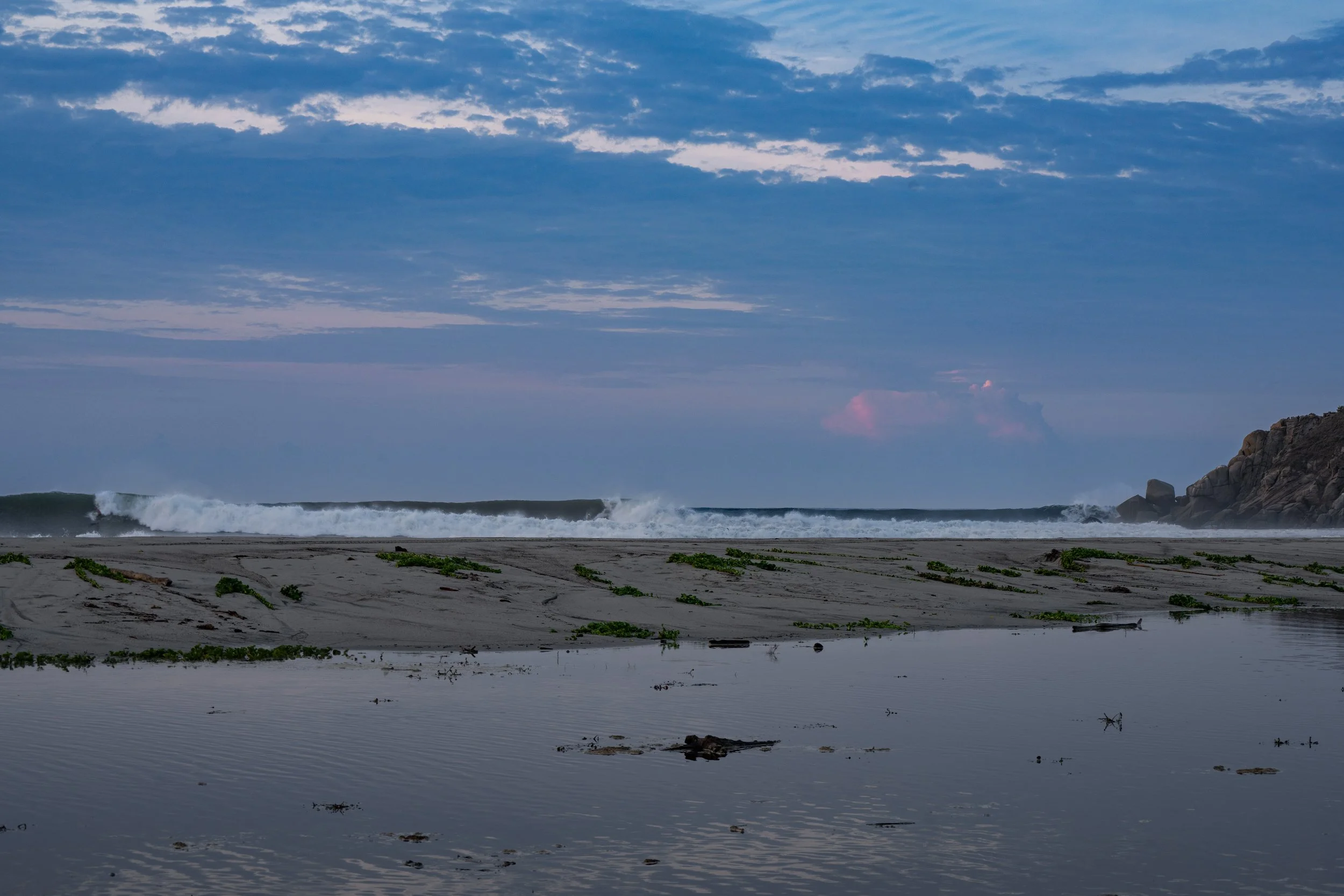 A beach scene with waves crashing on the shore, a rocky outcrop on the right, cloudy sky with hints of pink sunset, and some green plants and debris along the sand and water.
