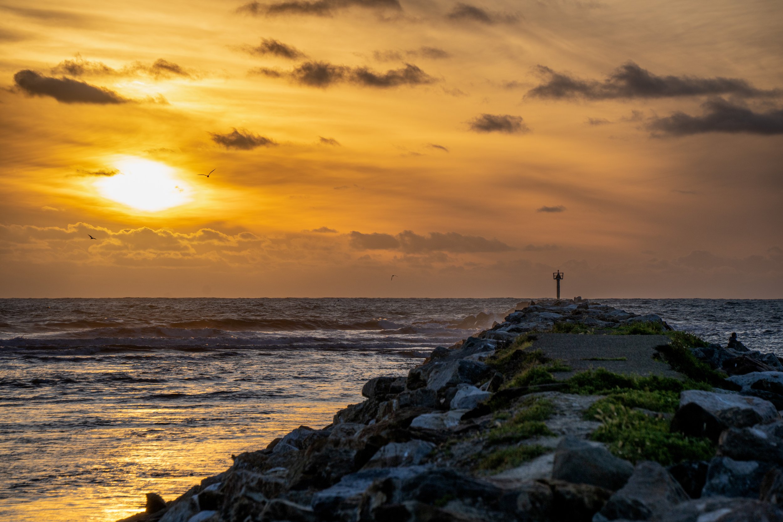 A sunset over the ocean with a rocky pier extending into the water and a small navigation marker at the end. The sky is filled with clouds and flying birds.
