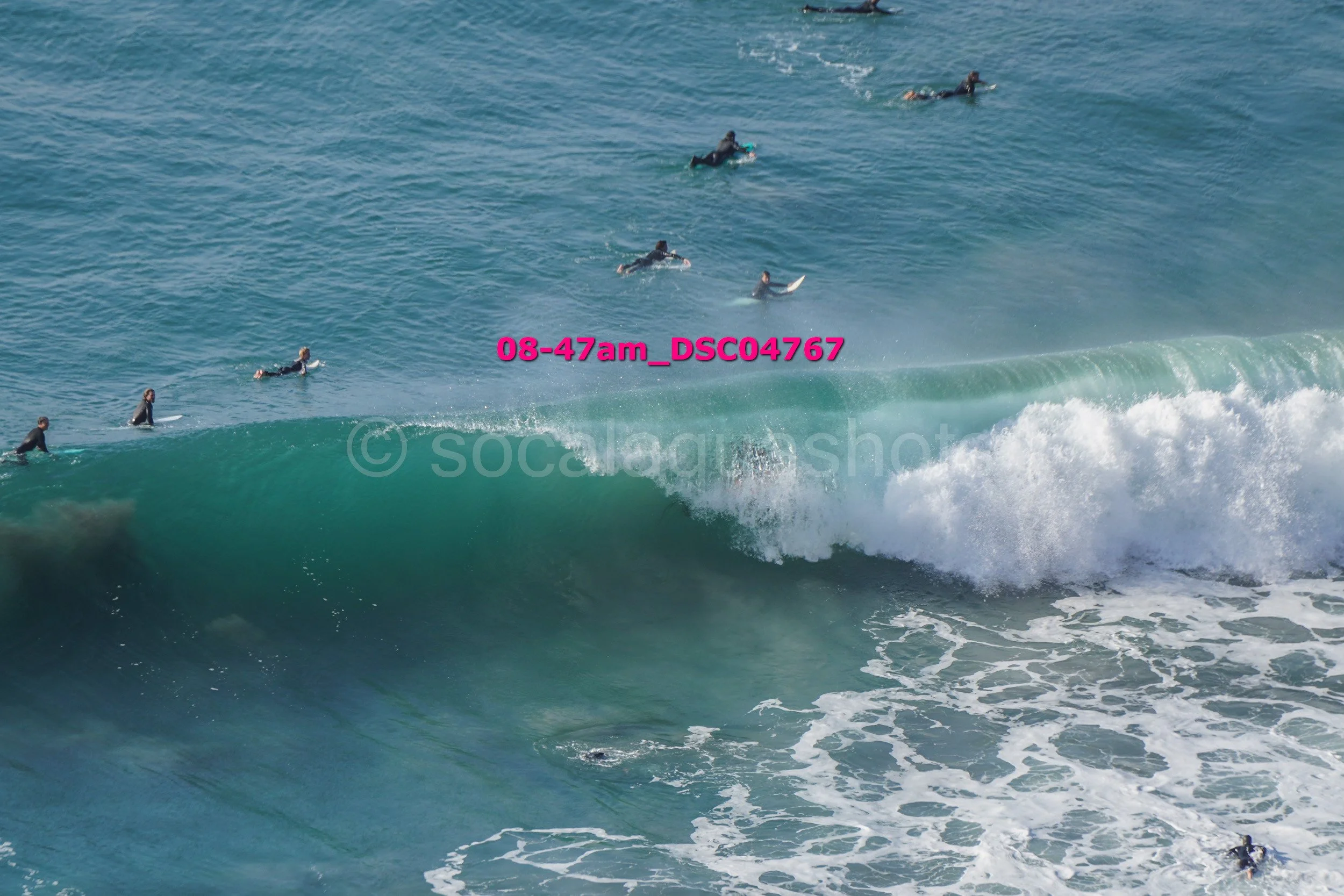 Surfers in wetsuits riding and paddling on the ocean waves near the shoreline