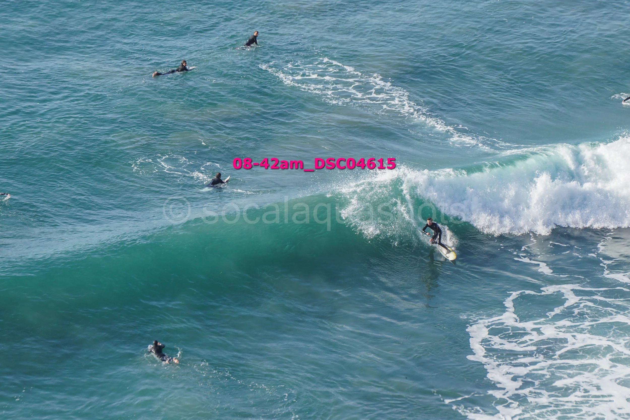 A group of people surfing in the ocean, with one person riding a wave on a surfboard while others are floating or paddling in the water.