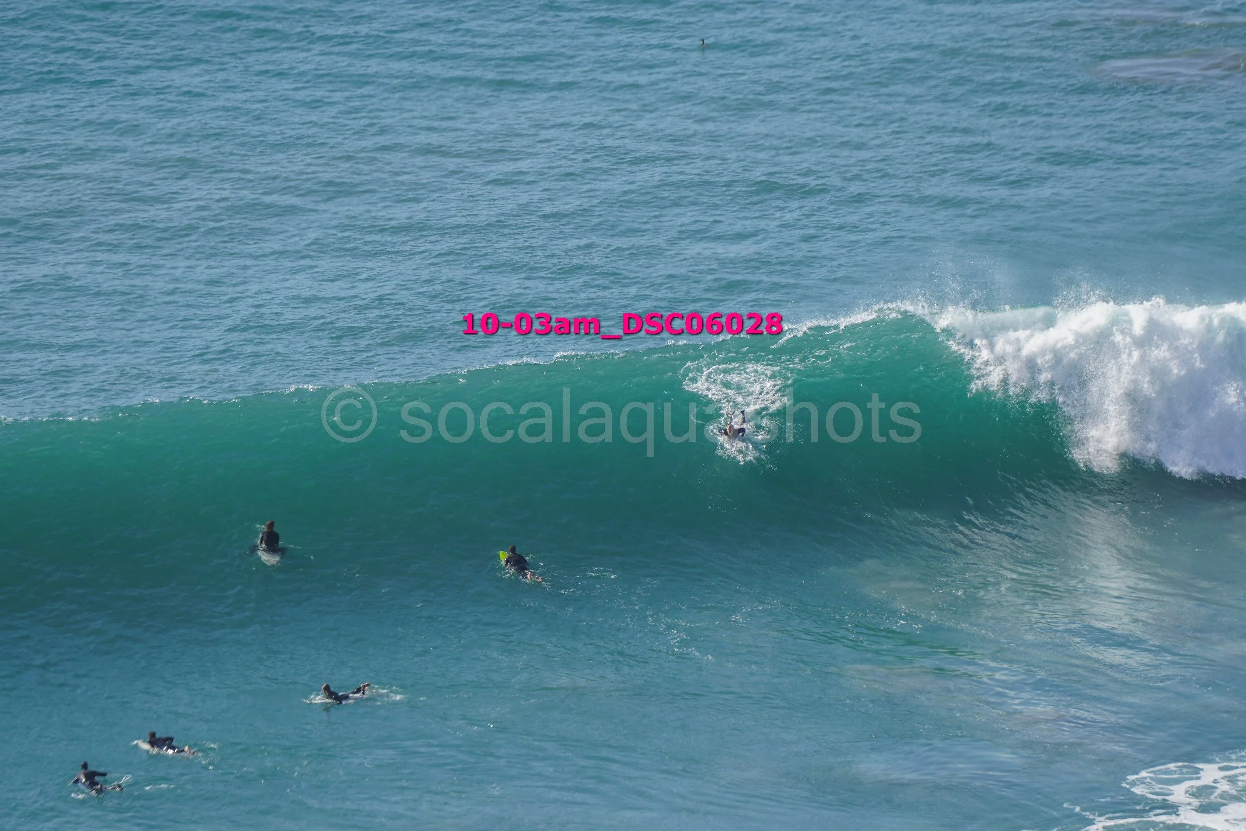 Surfers riding a large ocean wave with some surfers paddling in the water.