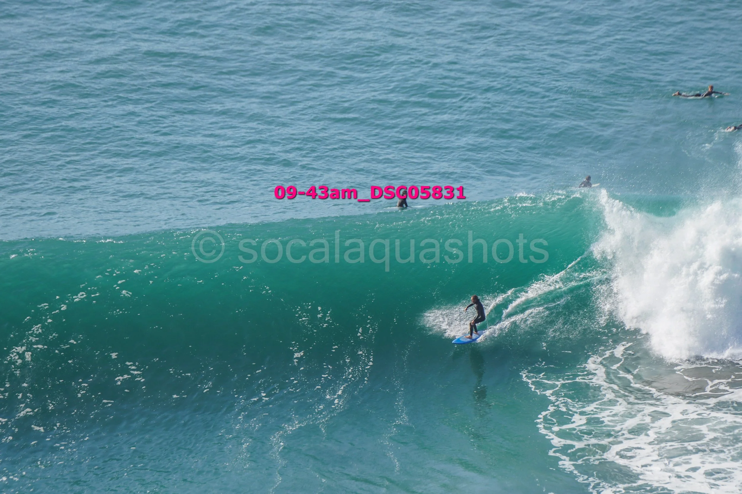 A person surfing on a large ocean wave with others swimming or surfing in the background.
