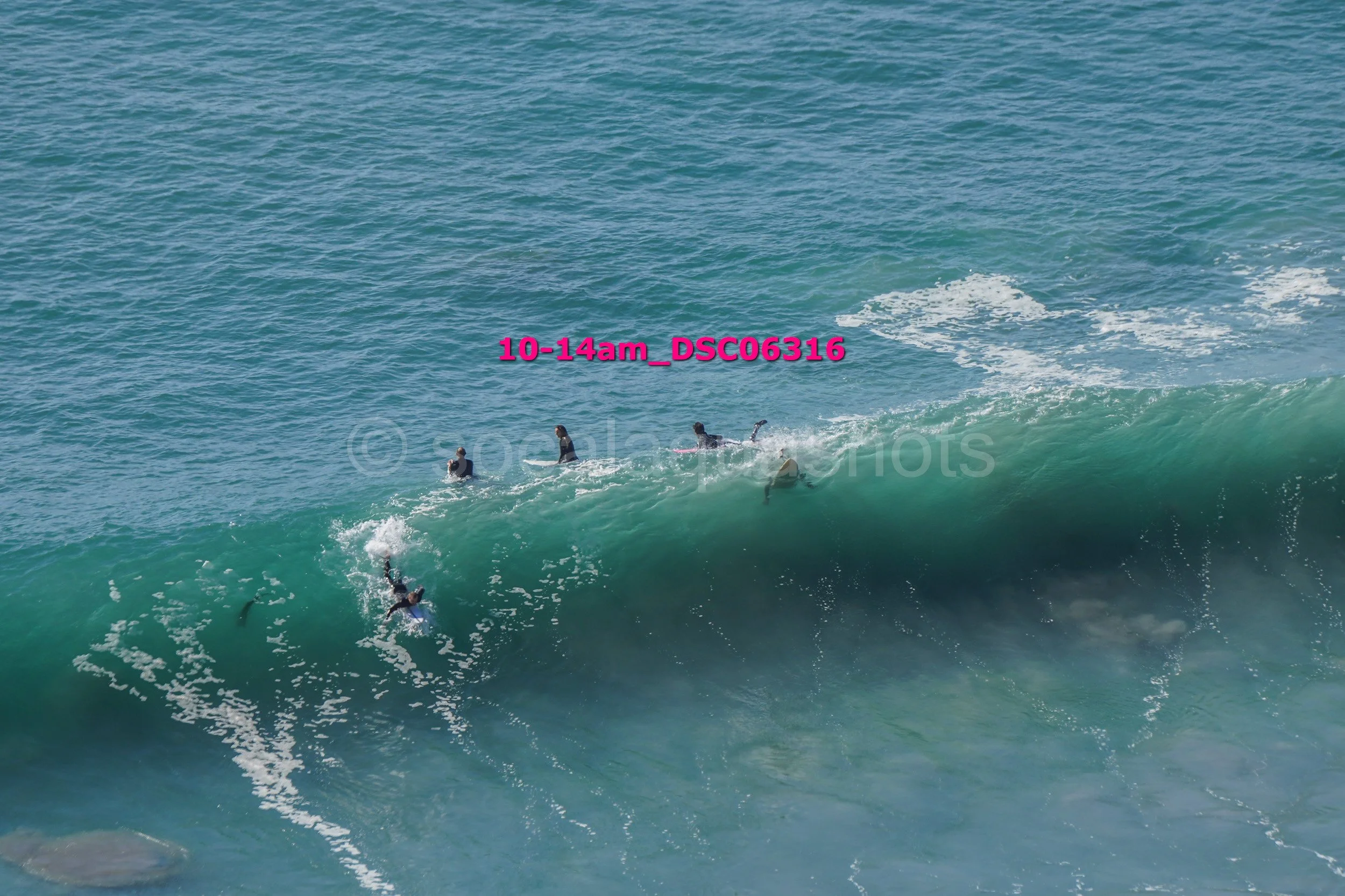 Several surfers riding a large wave in the ocean, with some in the water and others on their surfboards.