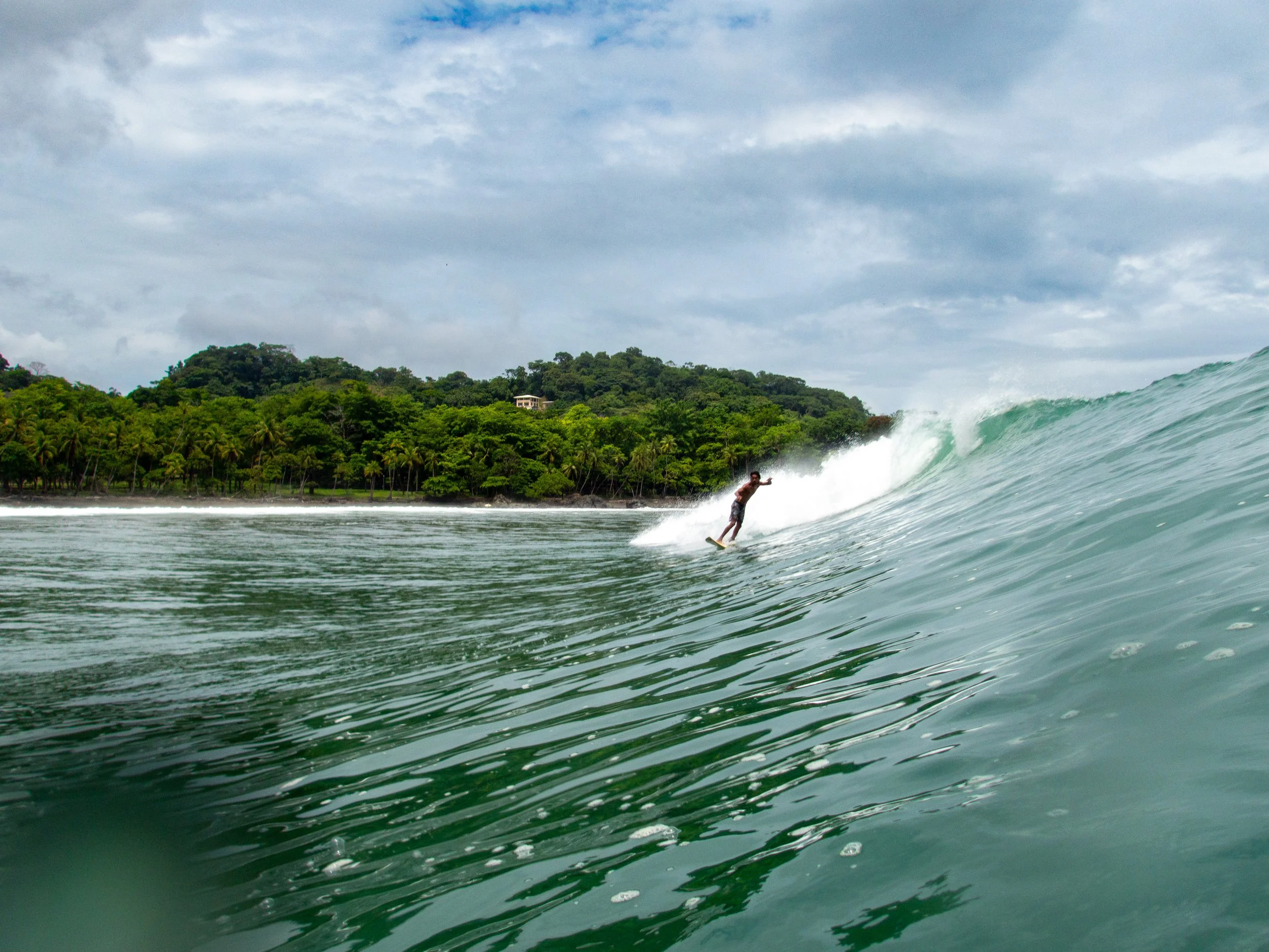 Surfer riding wave near lush tropical coastline under cloudy sky