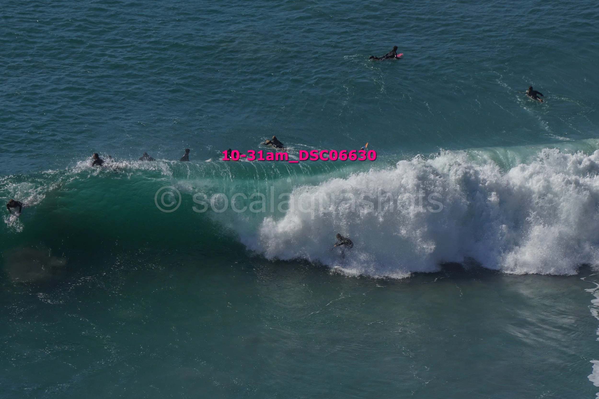 Several surfers in wetsuits riding and floating on ocean waves with some in the water and others on the surfboard, in a lively beach scene.