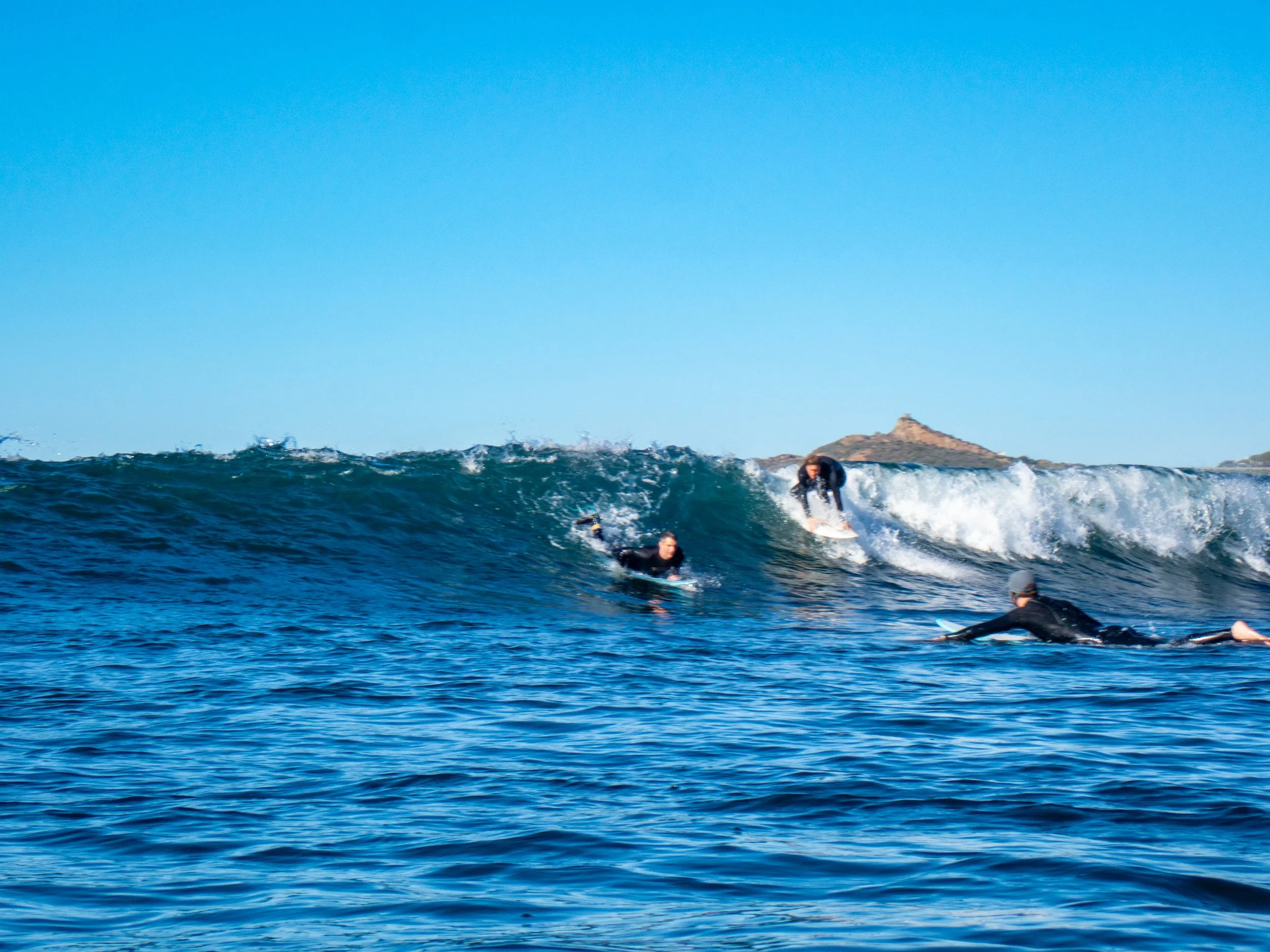 Three surfers riding and paddling on the ocean waves under a clear blue sky, with a small island in the background.