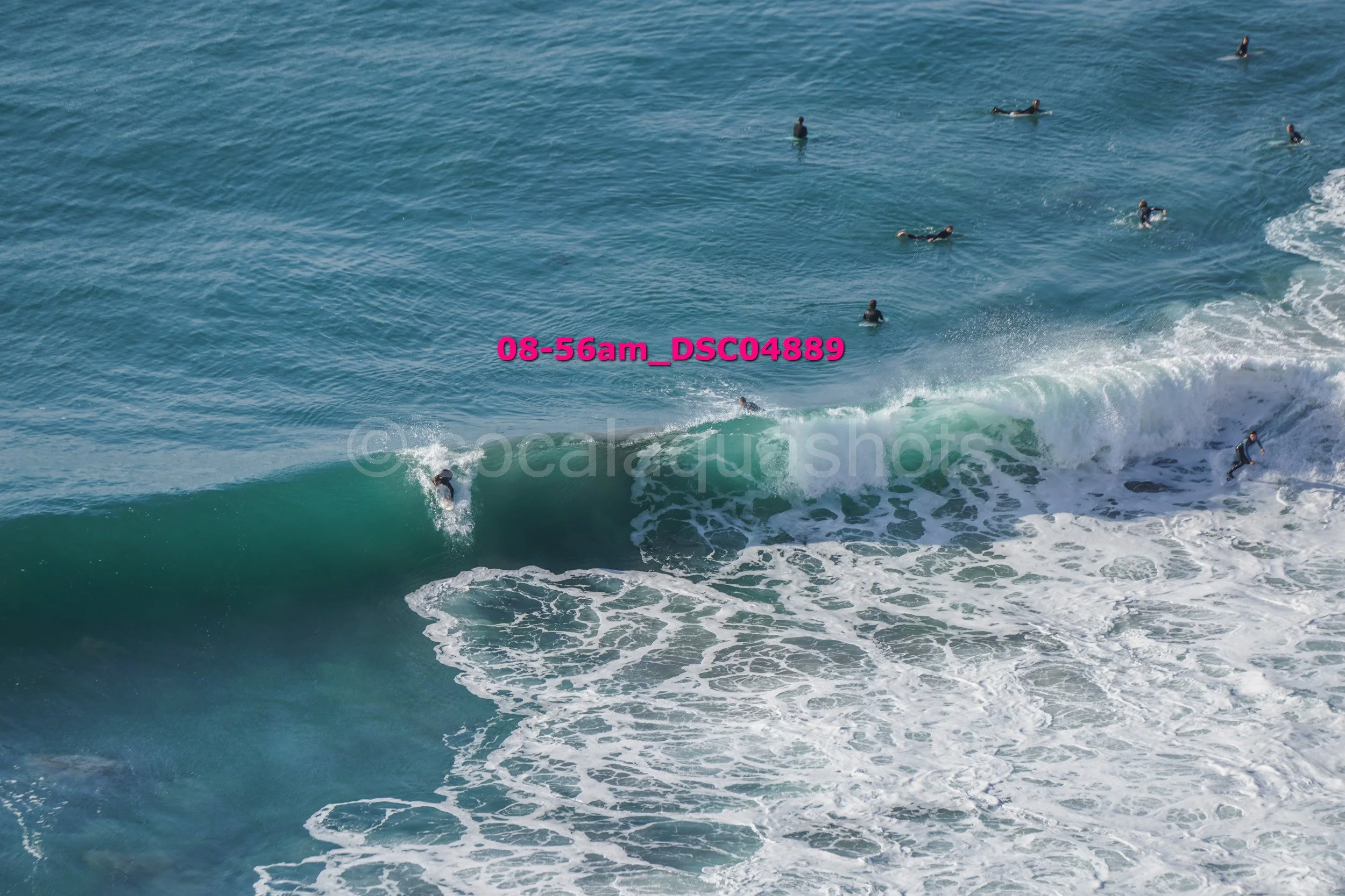 Surfers in wetsuits riding and swimming in the ocean near a breaking wave with several others swimming in the background.
