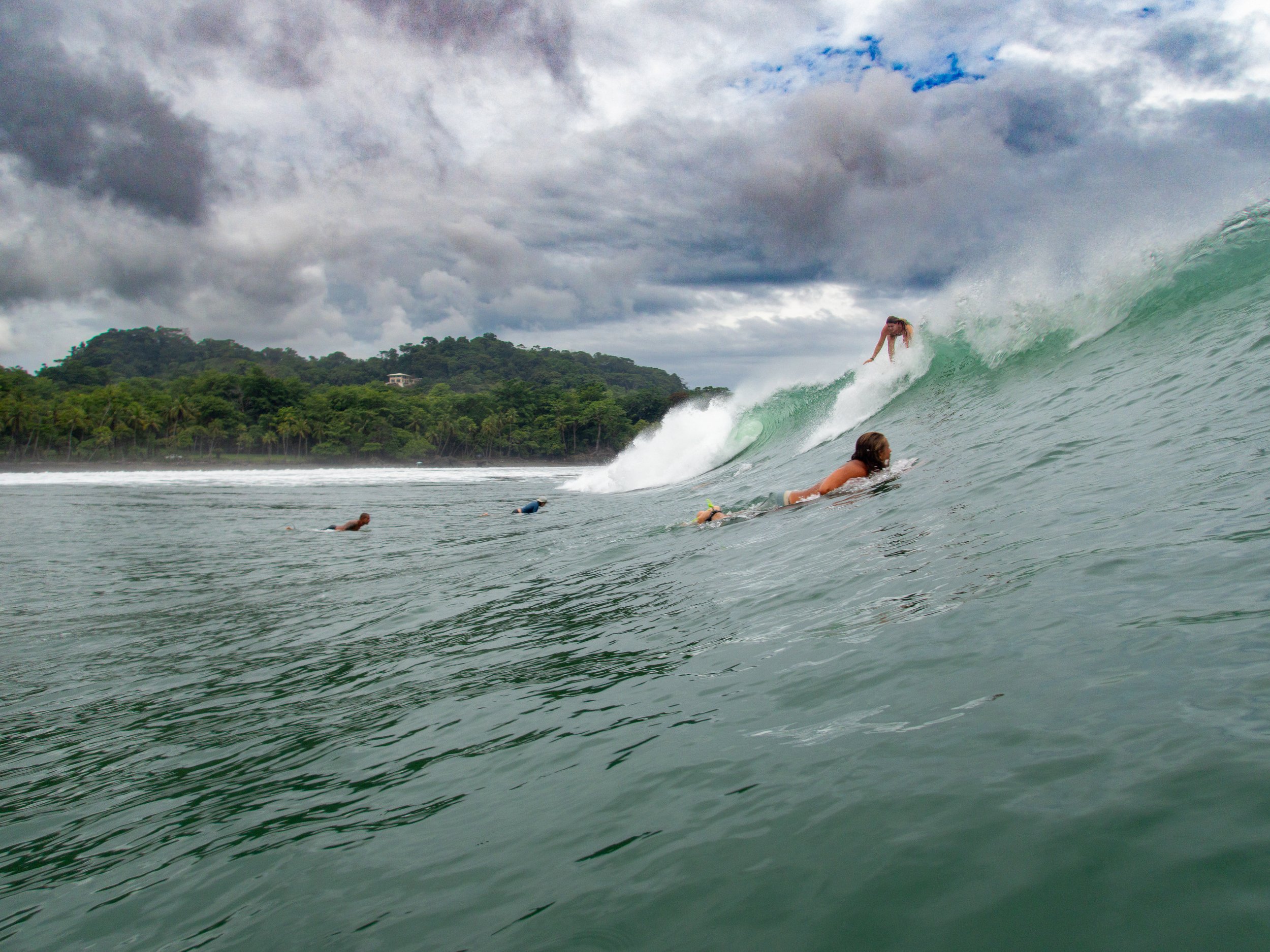 Surfers riding waves near a lush, tropical shoreline under cloudy skies.