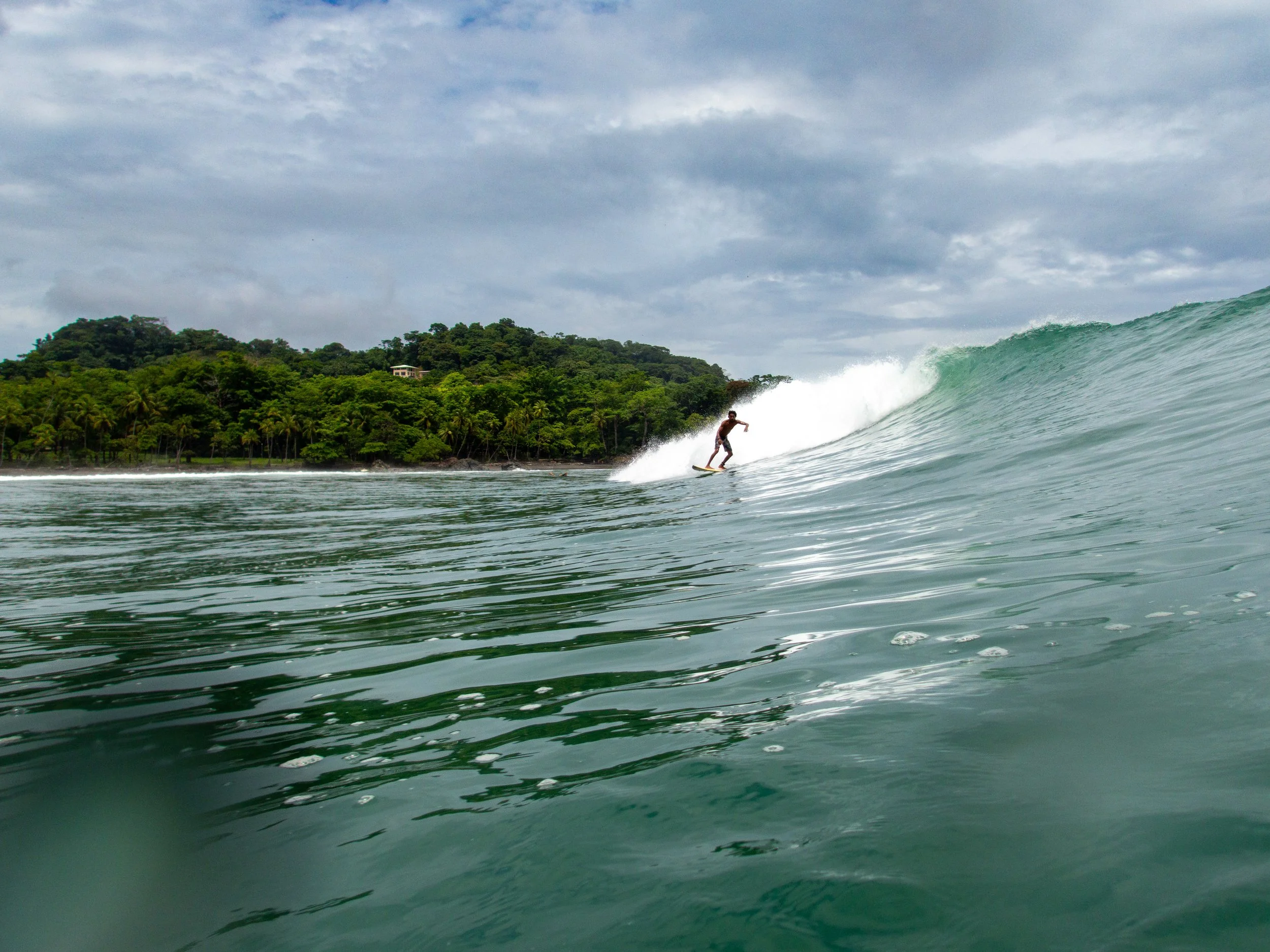 Person surfing a large wave near a lush tropical coastline under a cloudy sky.