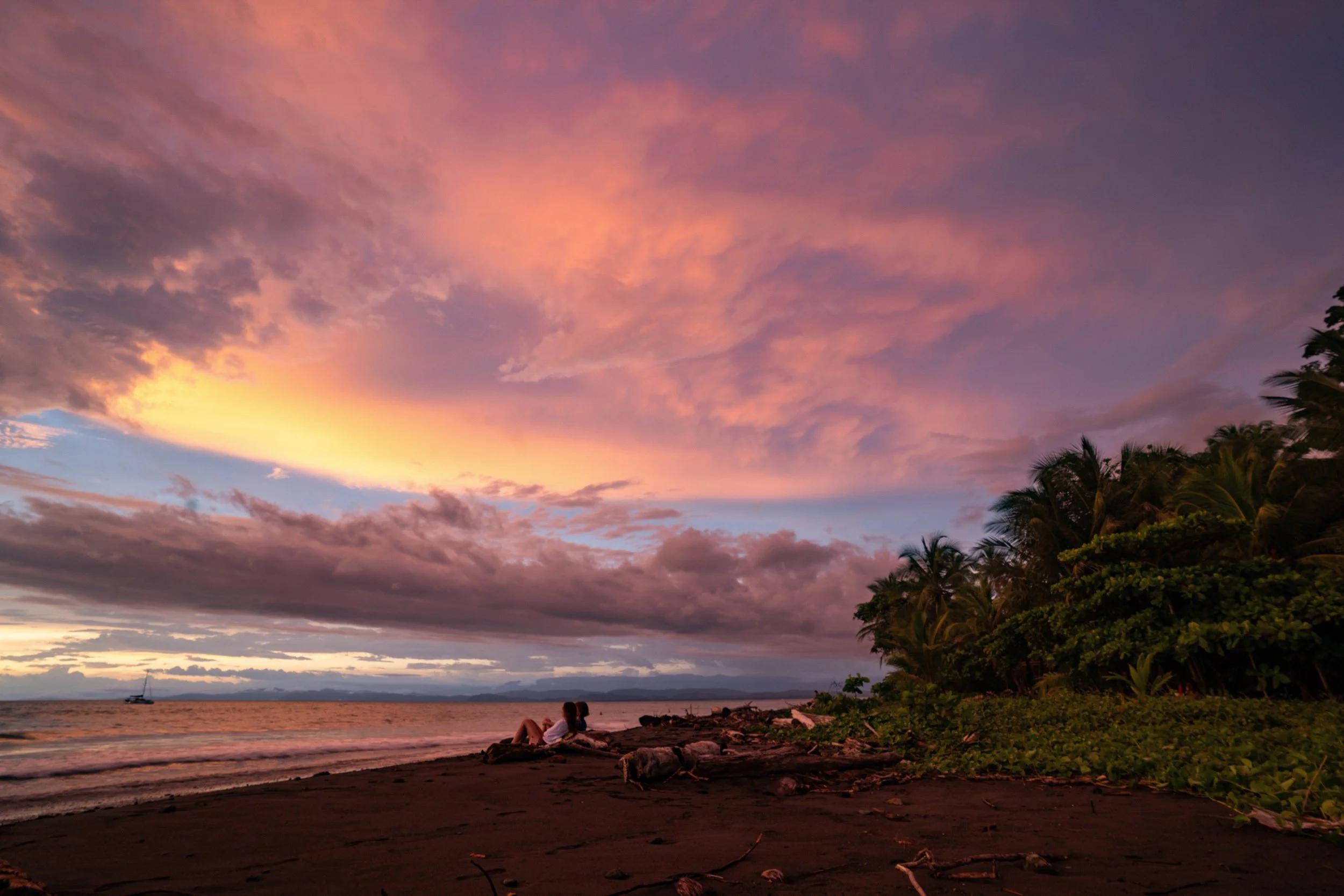 A tropical beach scene at sunset with pink and purple clouds in the sky, two people sitting on the sandy shore, and palm trees on the right side.