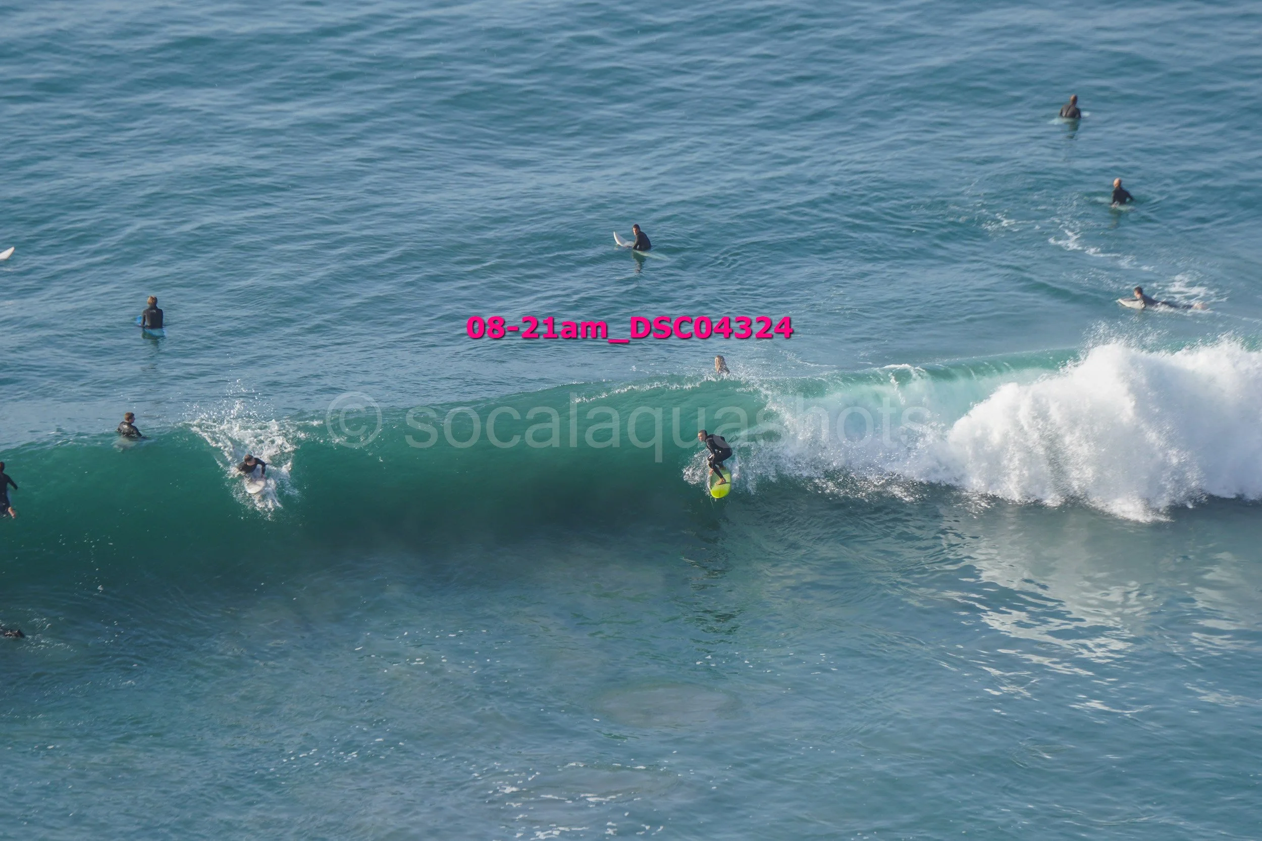 People surfing in the ocean with some riding a wave and others waiting in the water.