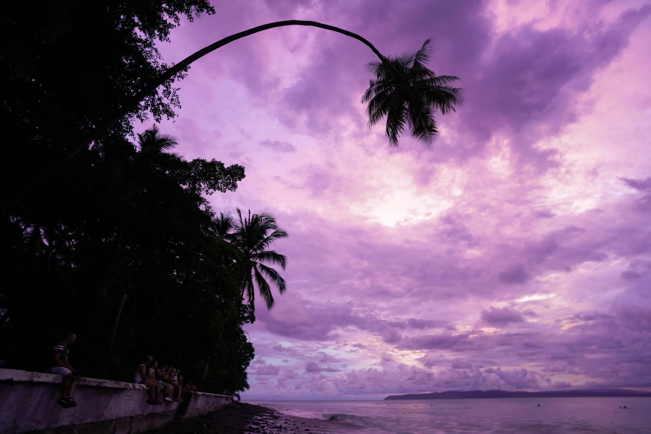People sitting on a wall along a beach at sunset with palm trees and a purple sky.