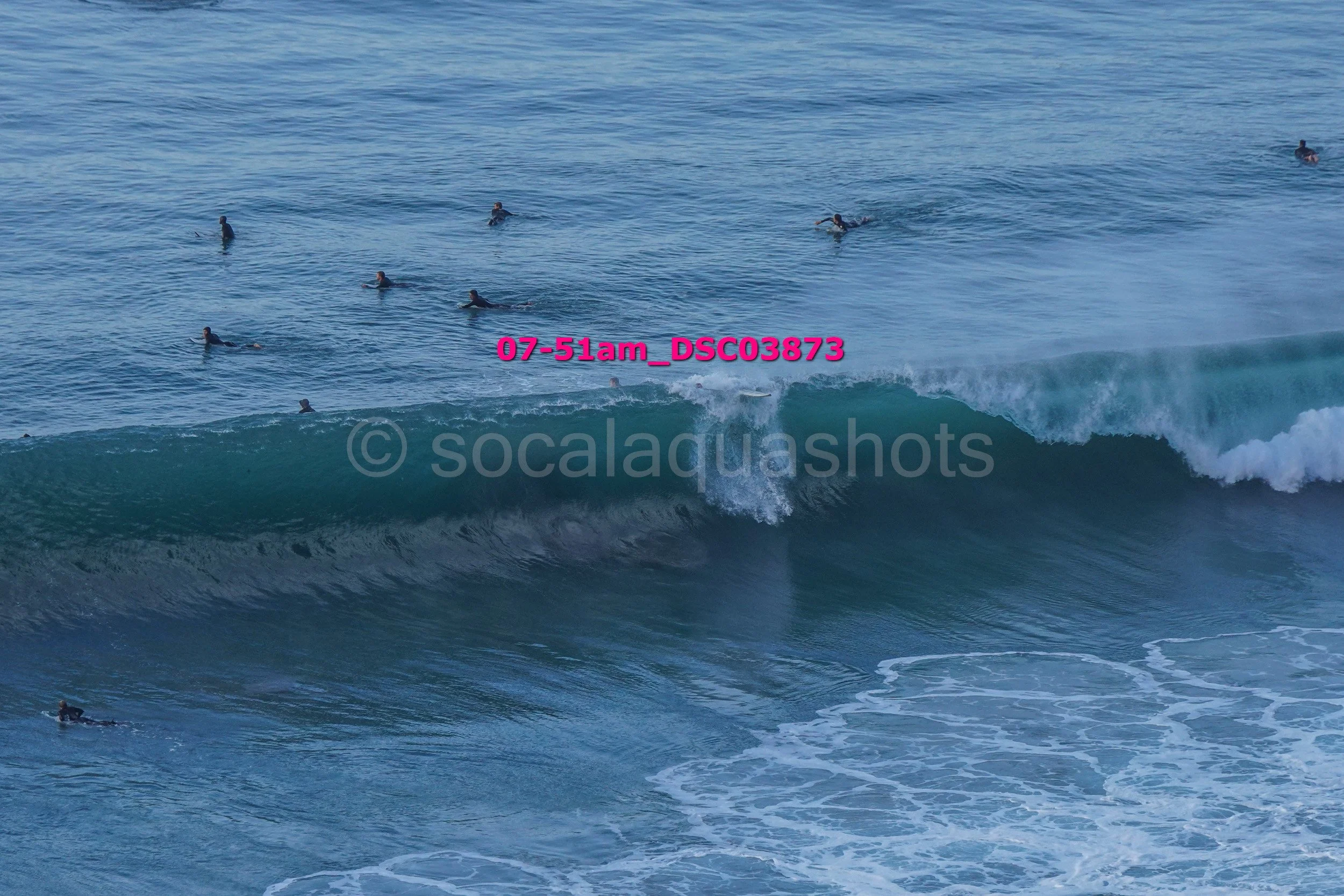 Several surfers in wetsuits waiting in the ocean, with one visible riding a wave in the foreground.