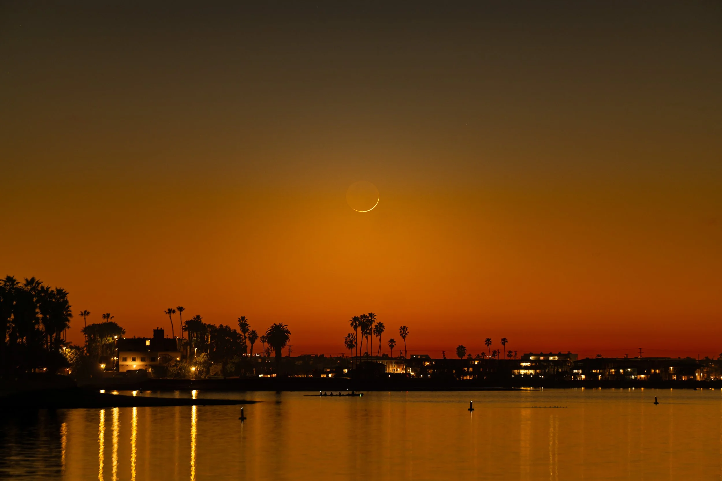 Sunset over a city with palm trees, water in the foreground, and a crescent moon in the sky