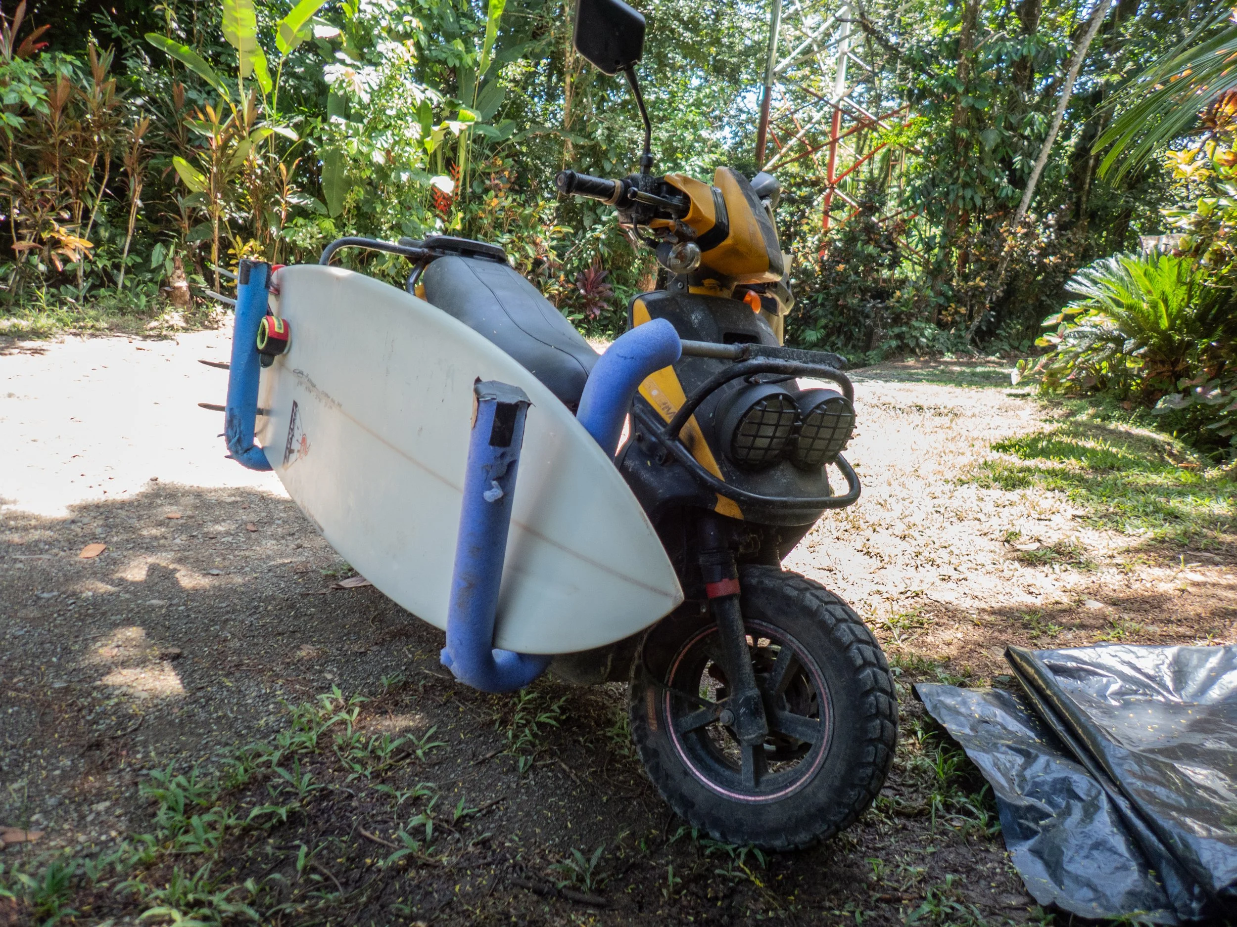 A yellow three-wheeled motorcycle with a white sidecar parked on a dirt ground surrounded by lush green plants and trees, with sunlight filtering through the foliage