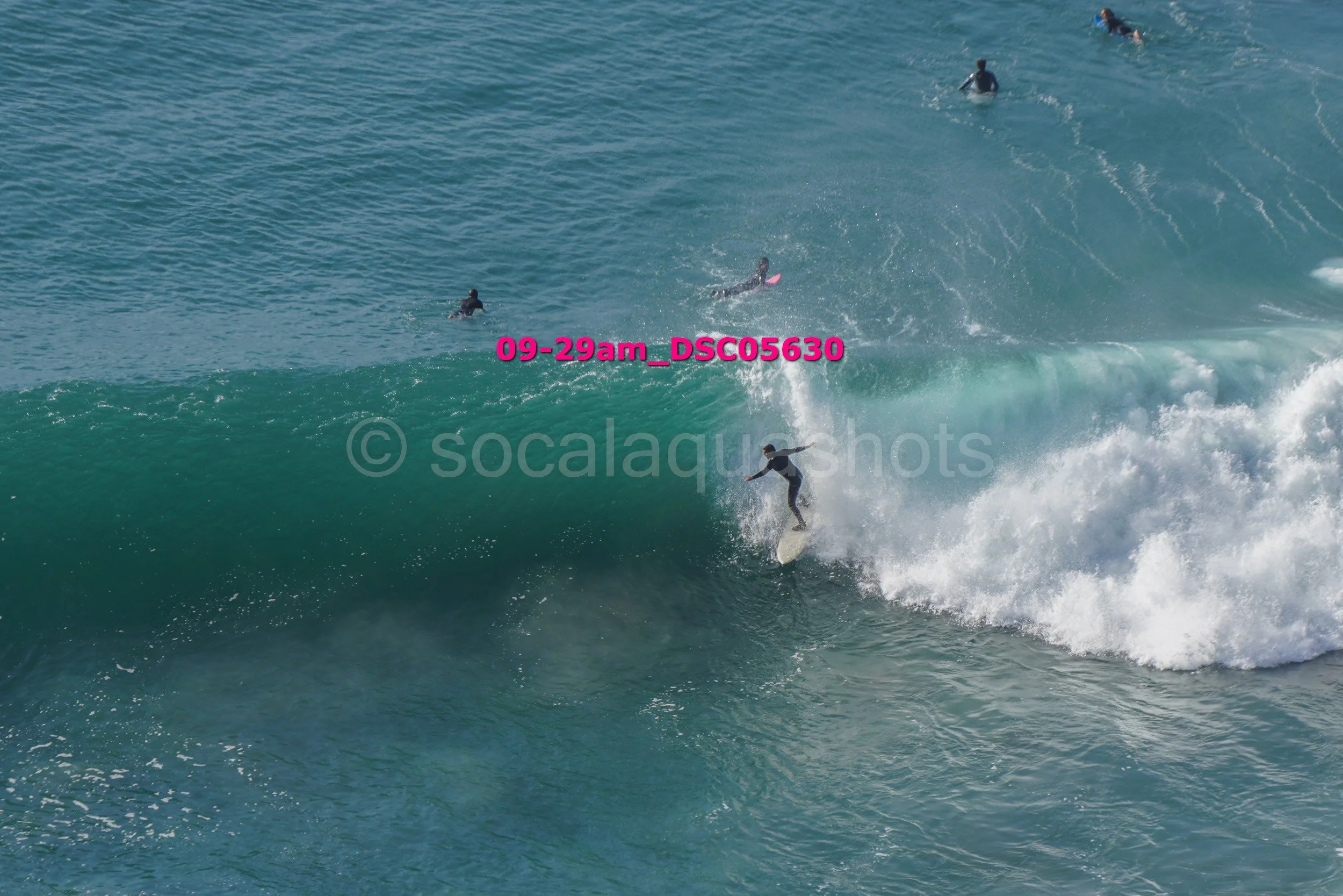 Surfer riding a wave with multiple surfers in the water nearby.