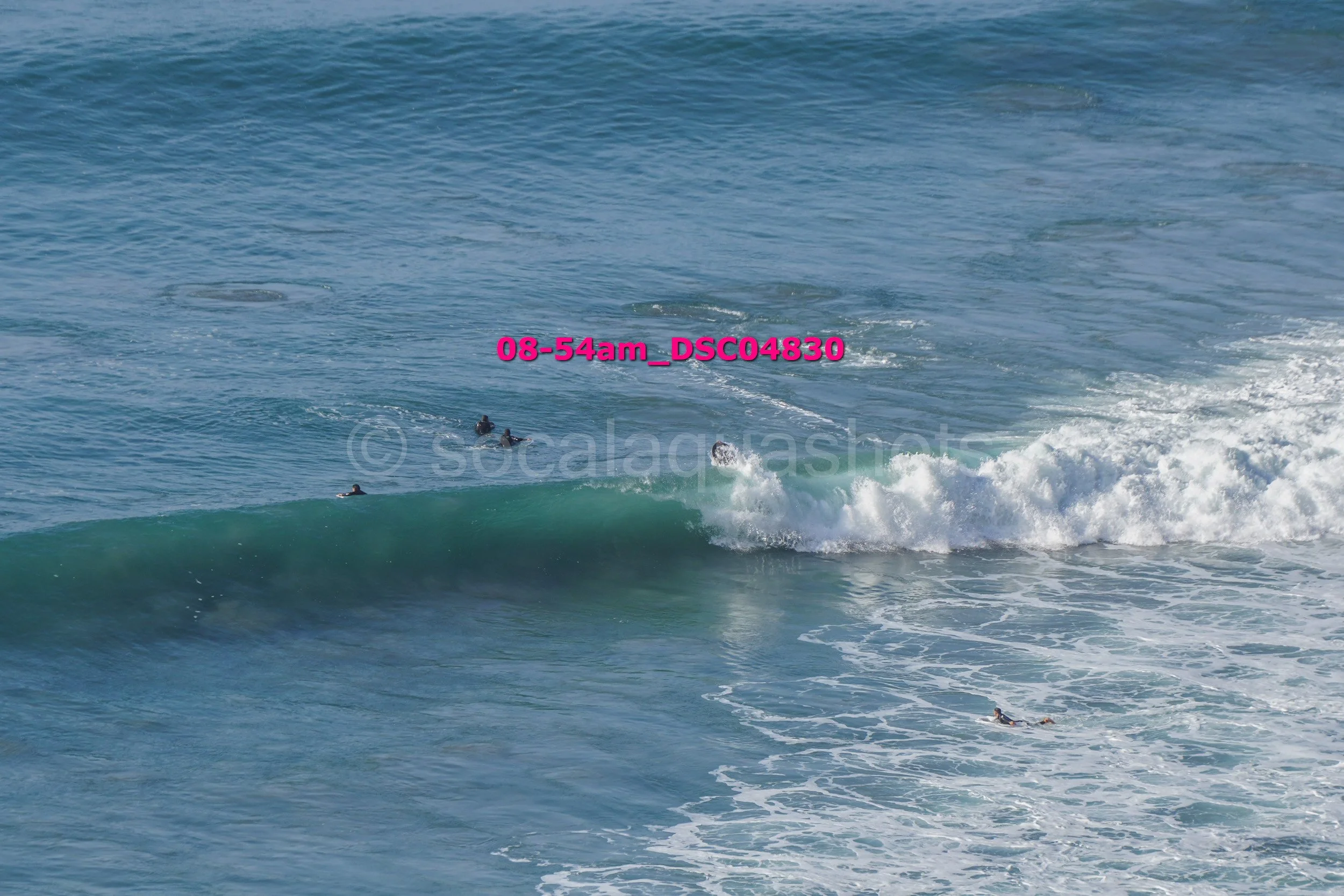 Surfing scene with multiple surfers in the ocean waves, with some riding a wave and others waiting in the water.