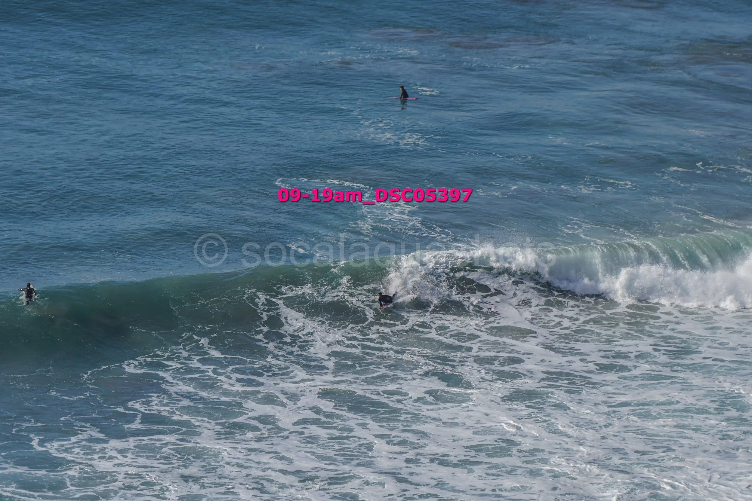 Four surfers in the ocean, one paddling on a surfboard, two catching waves, and one farther out in the water.