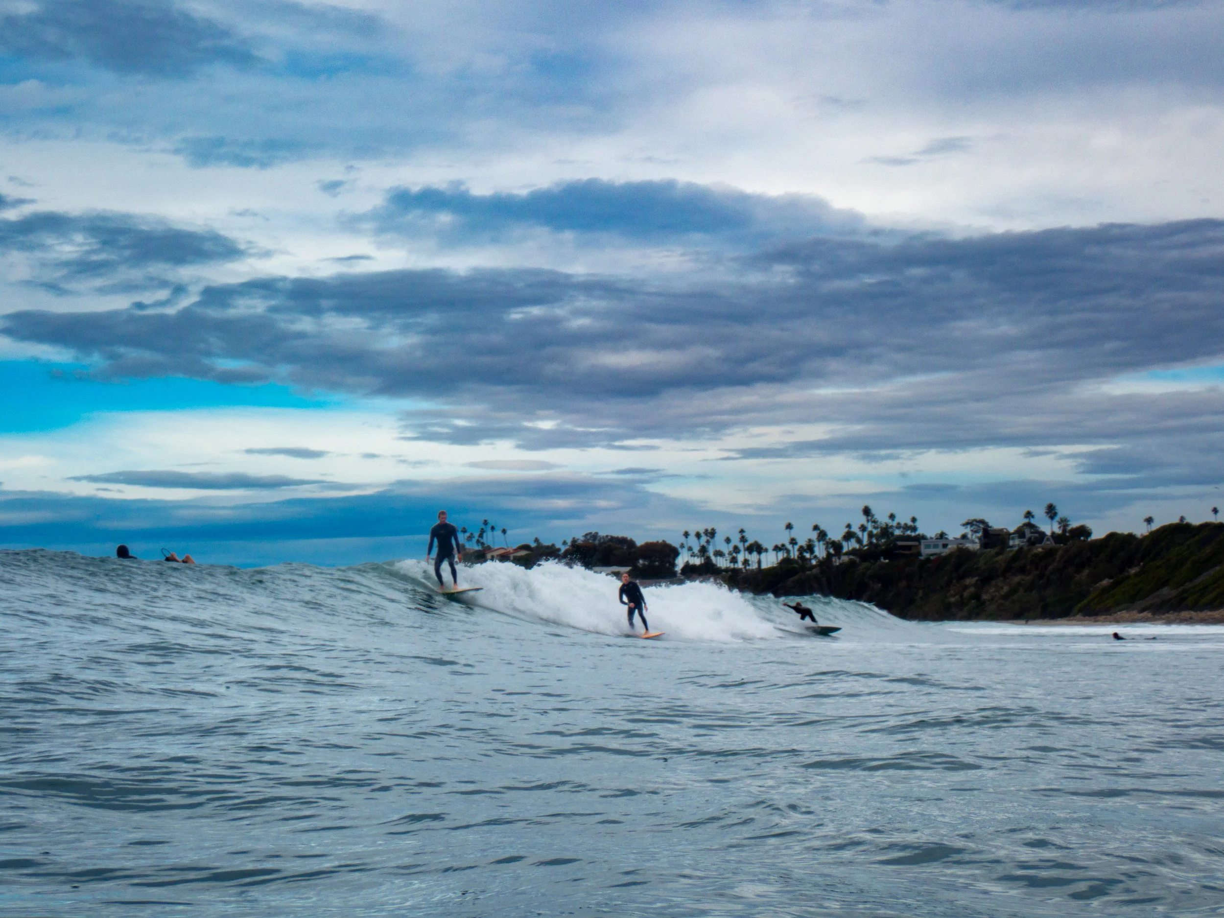 People surfing in the ocean with a cloudy sky and a coastline with palm trees and houses in the background.