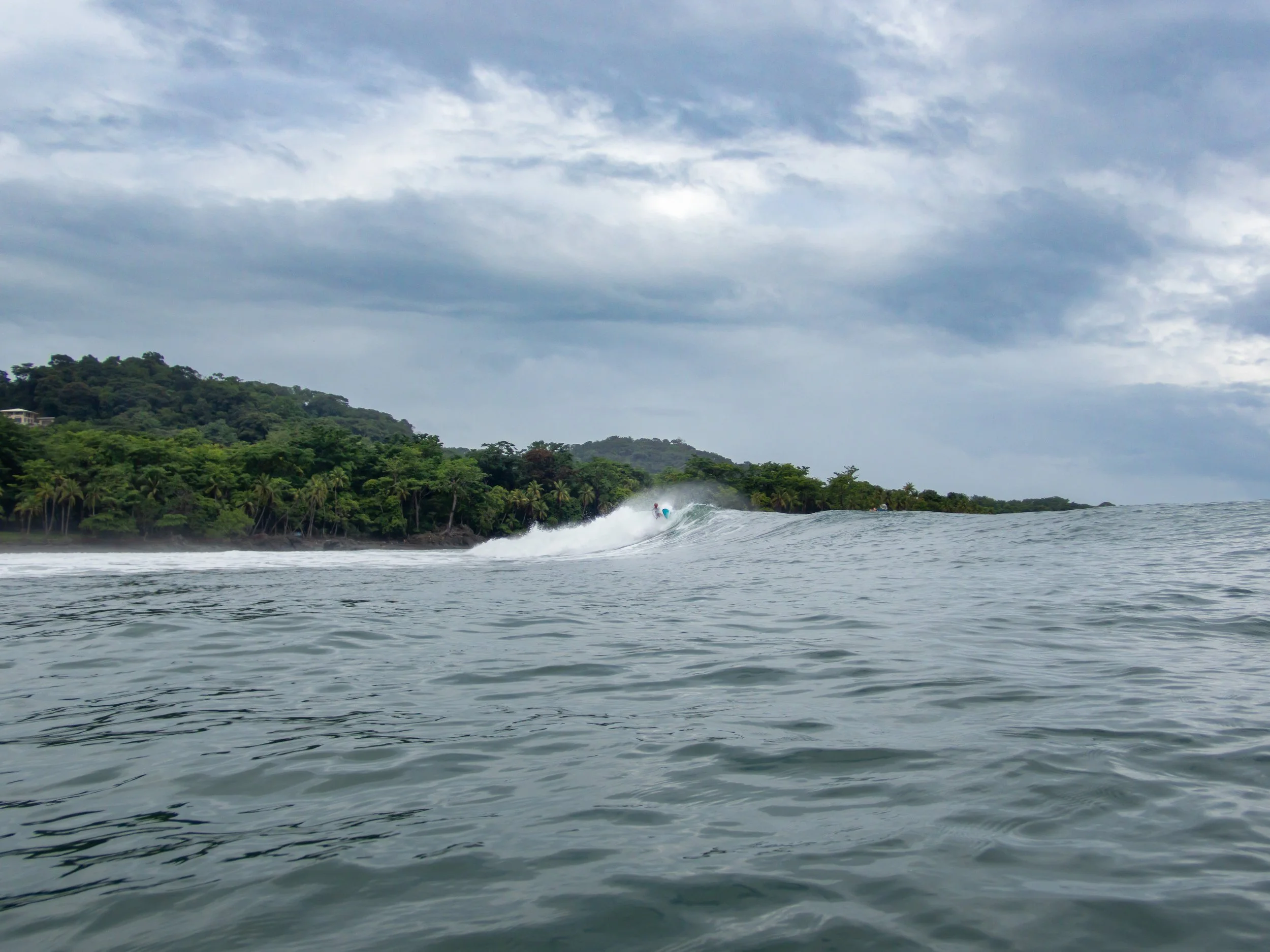 Surfer riding a wave near a tropical forest coastline under cloudy skies.