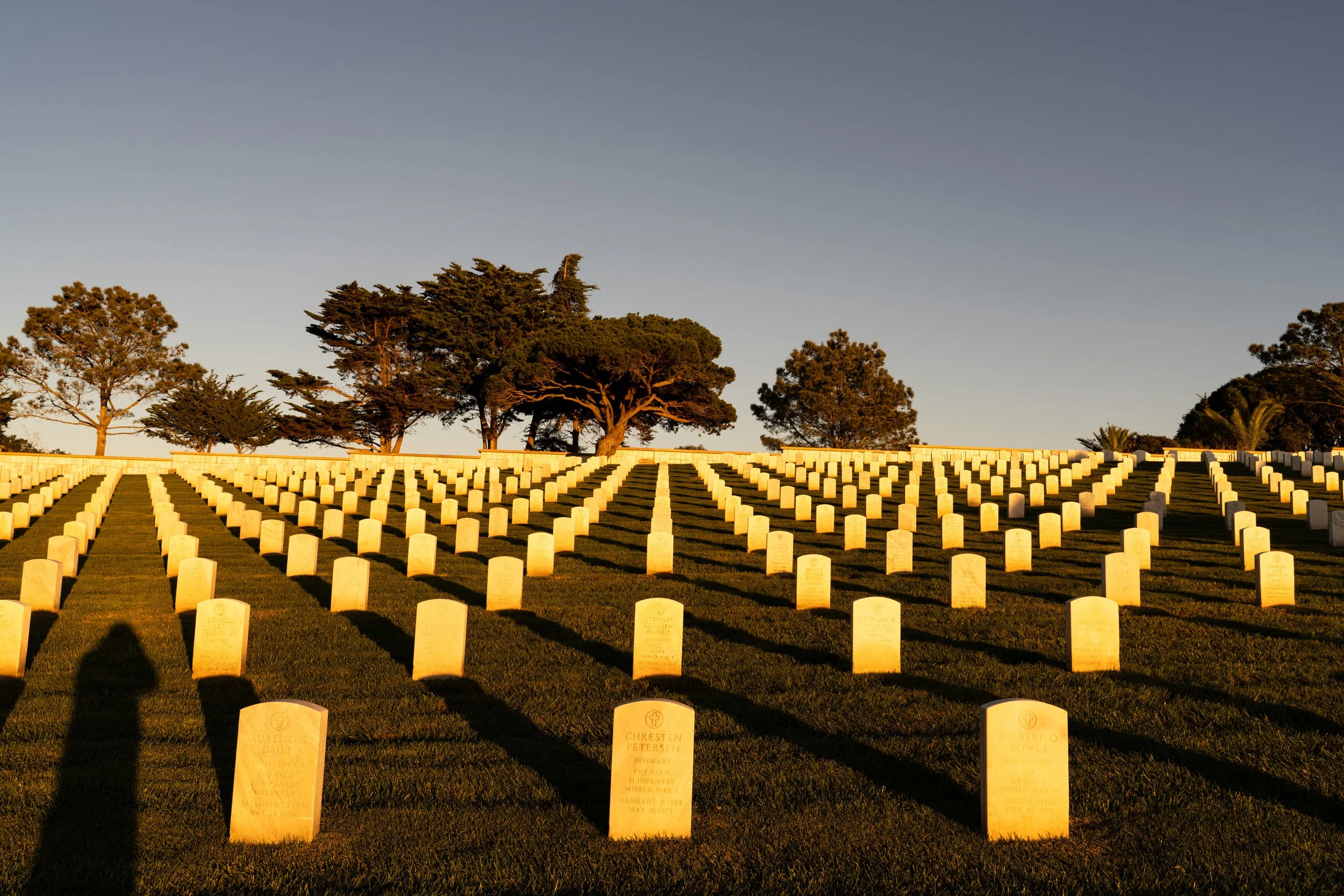 A cemetery filled with white headstones arranged in neat rows under a clear sky with a few trees in the background, illuminated by golden sunlight.