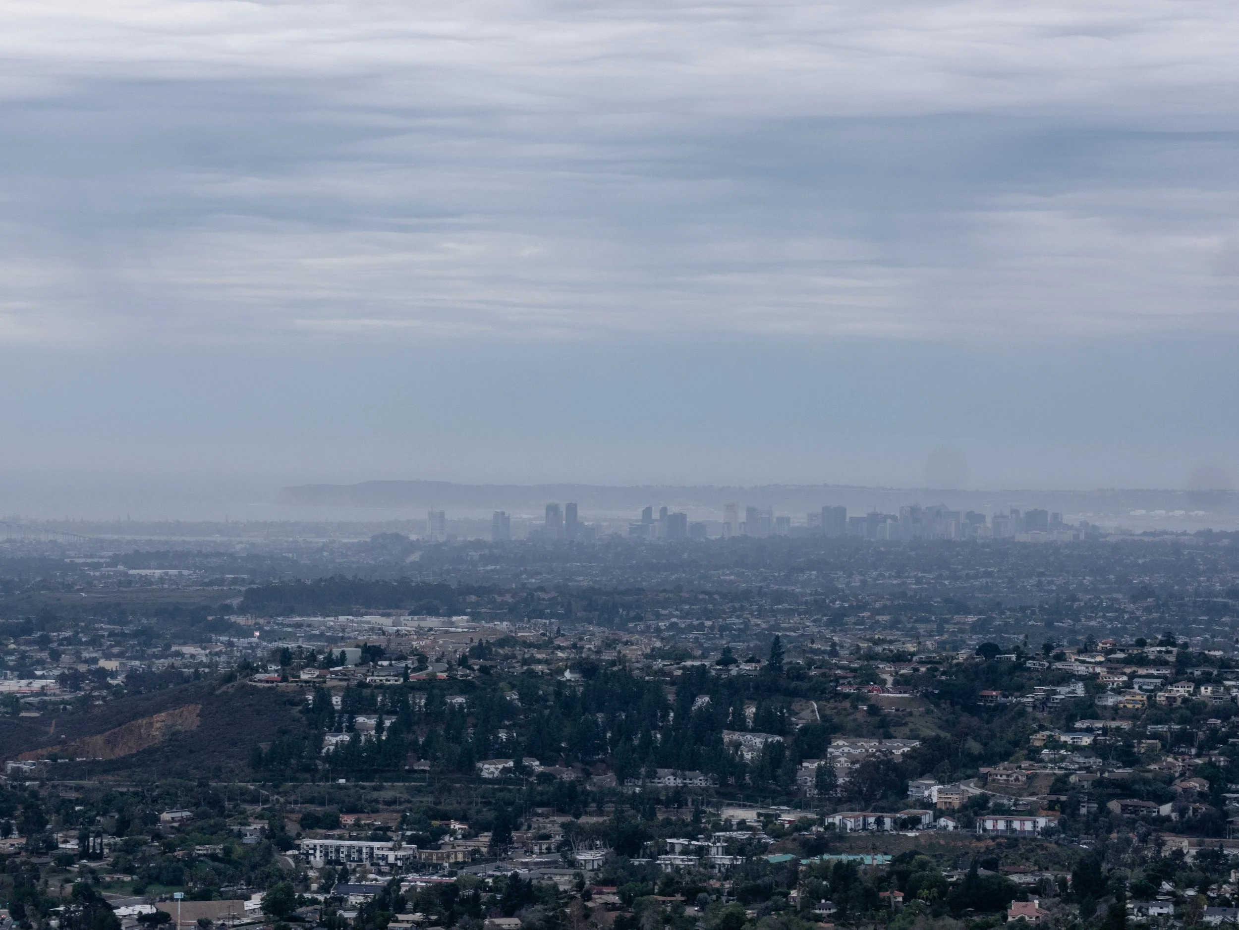 A cityscape view of Los Angeles under cloudy weather, with skyscrapers in the distant downtown area, and residential neighborhoods on the foreground hills.