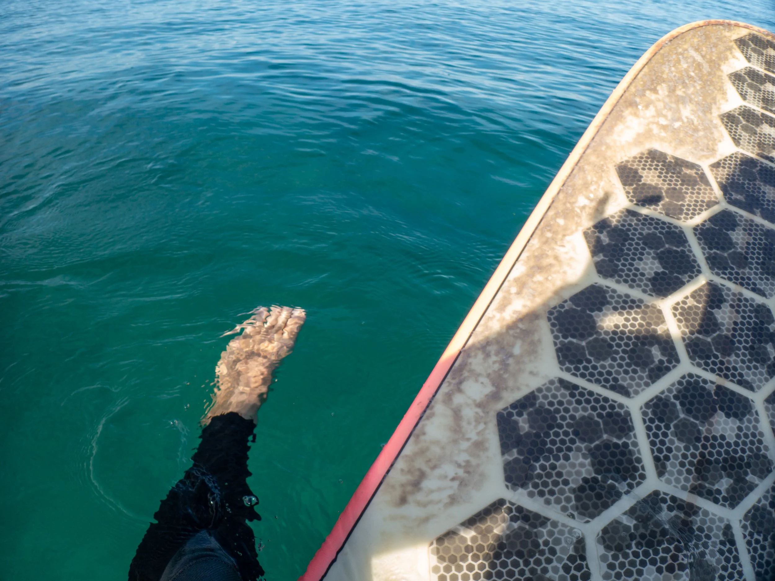 A person’s foot wearing a black shoe and black pants is in the water near a paddleboard with a honeycomb pattern deck, with the water appearing blue and calm.