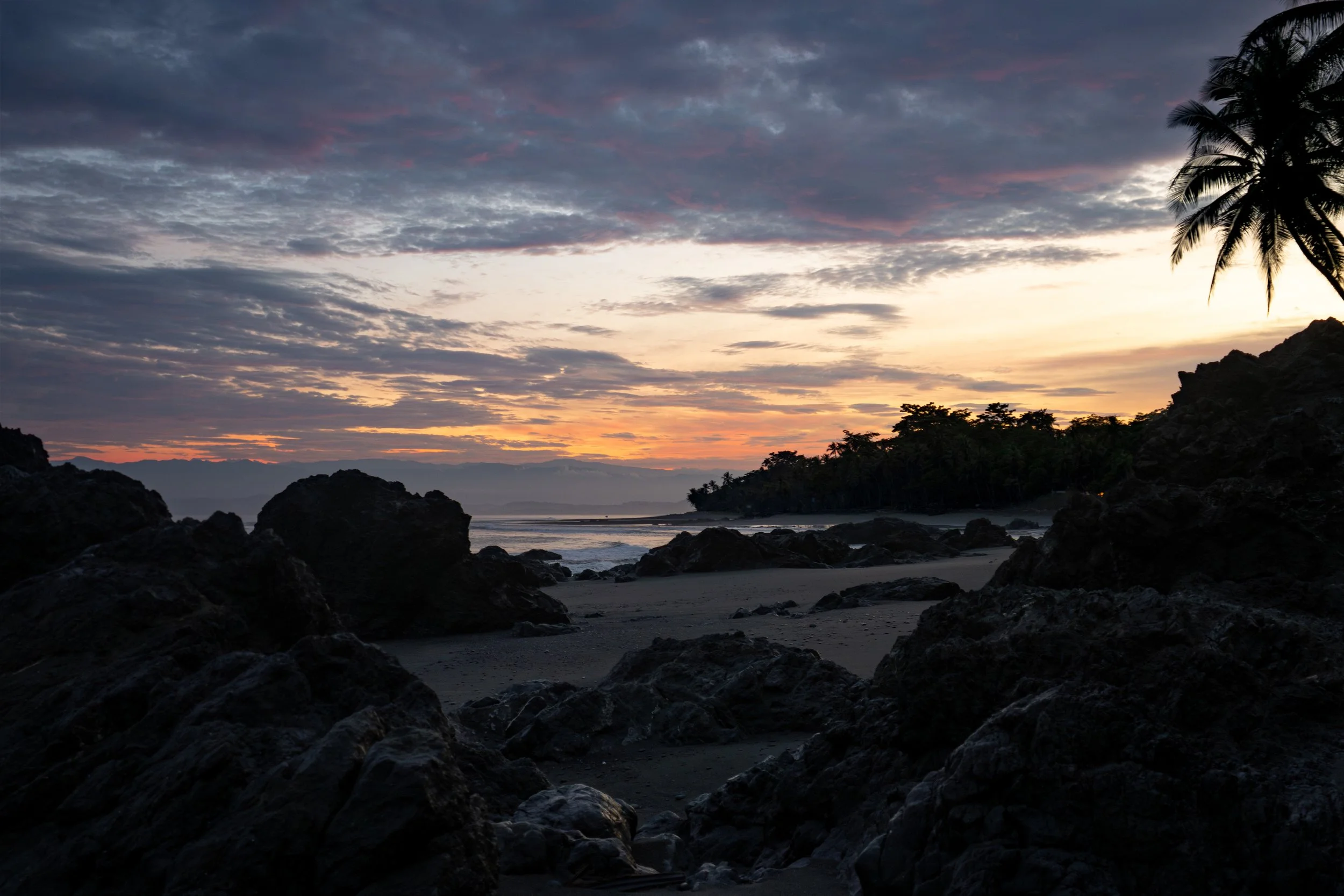 A scenic view of a beach at sunset, with dark rocks in the foreground, a calm ocean, and a sky filled with clouds illuminated by the setting sun, with a palm tree on the right side.