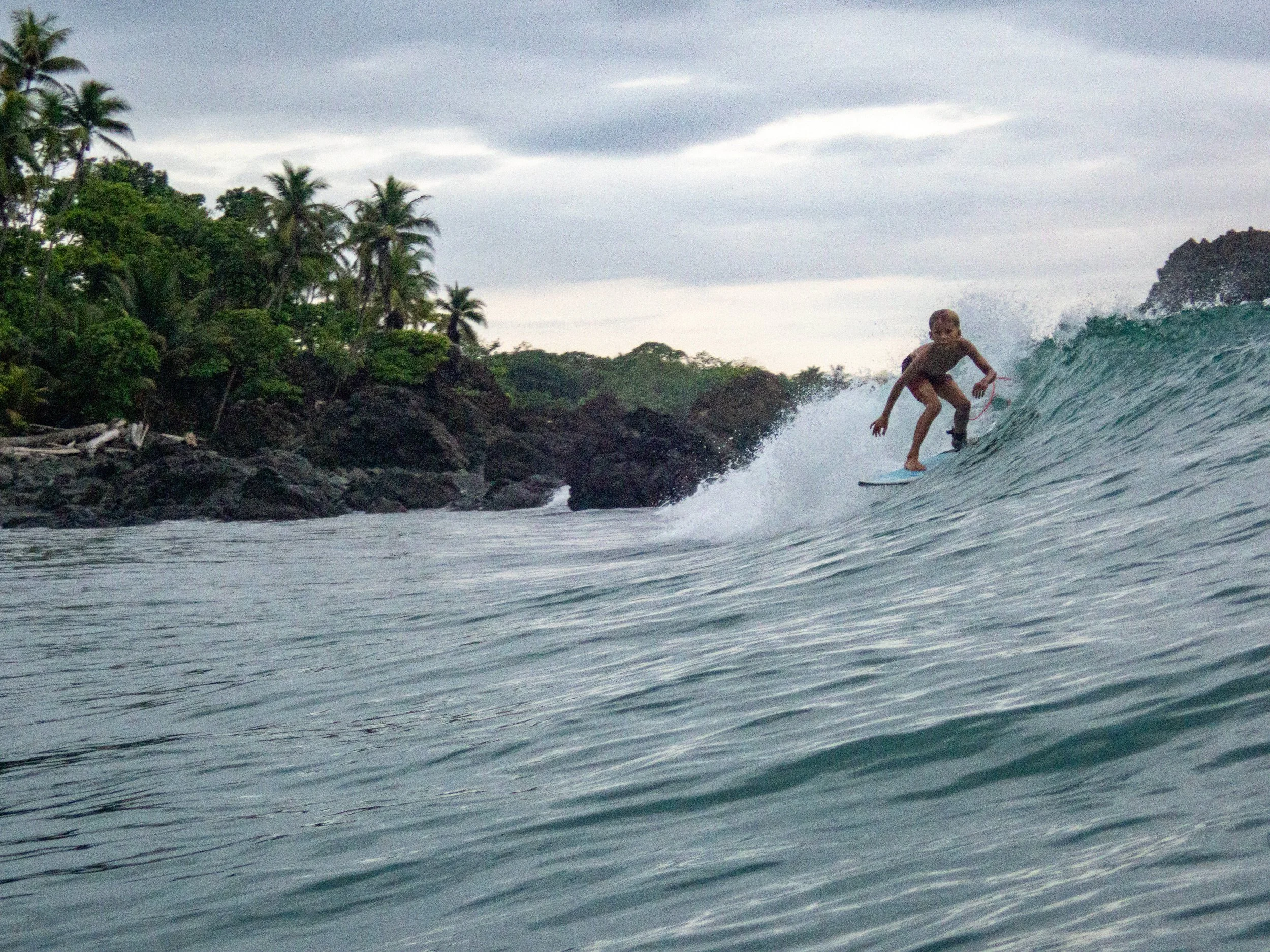Surfer riding a wave near a rocky coastline with palm trees