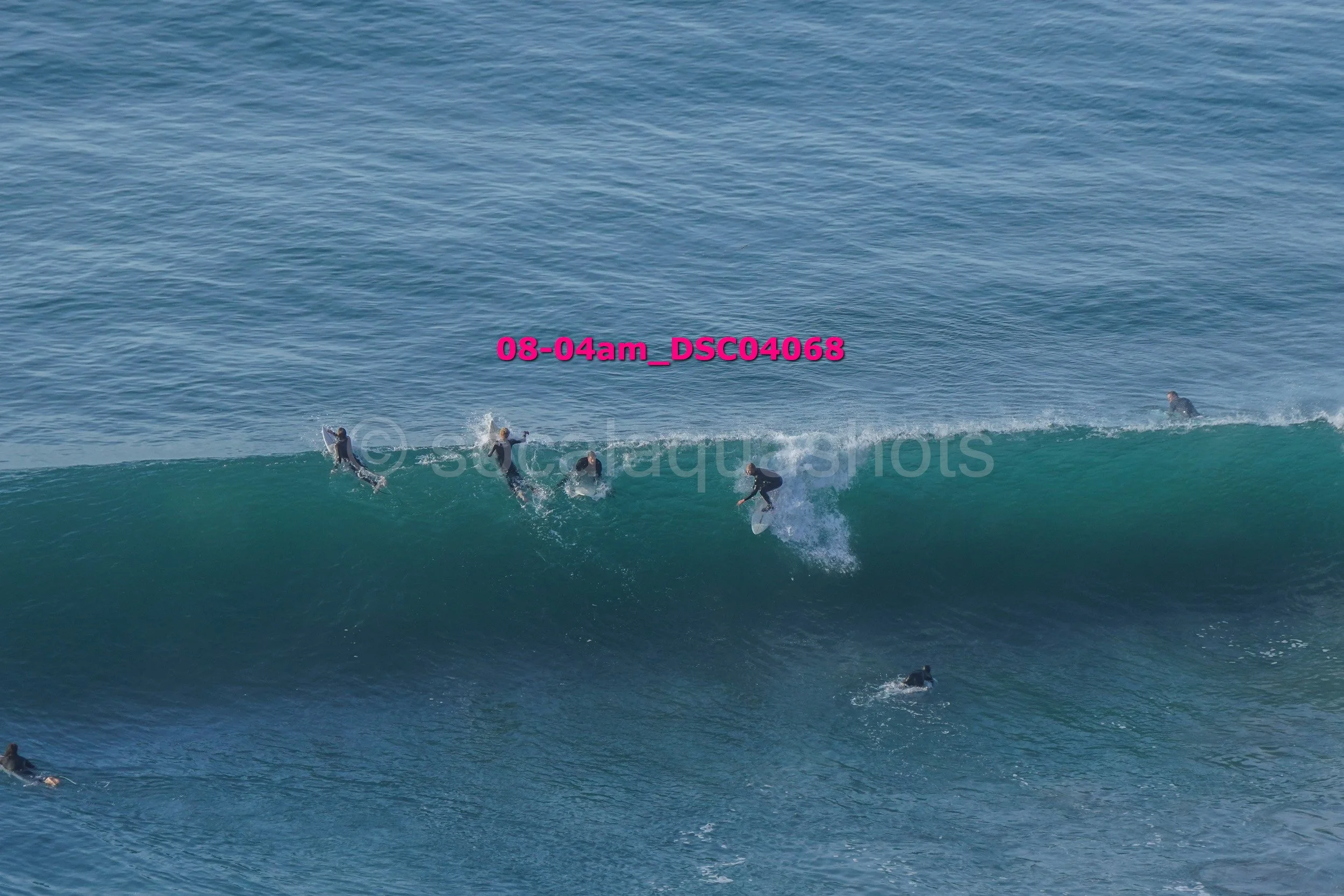 Multiple surfers riding and paddling on ocean waves with some surfers waiting in the water.