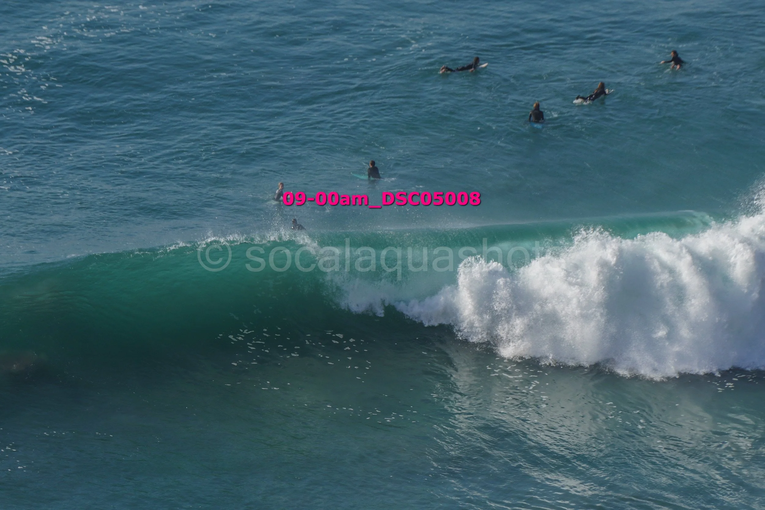 People surfing in the ocean, with one person riding a wave and others waiting in the water.