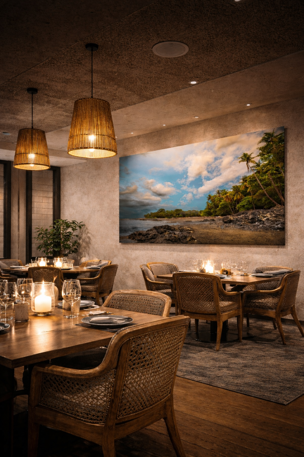 Elegant restaurant interior with wooden tables, wicker chairs, hanging woven pendant lights, candles on tables, a large beach landscape photograph on the wall, and a potted plant.