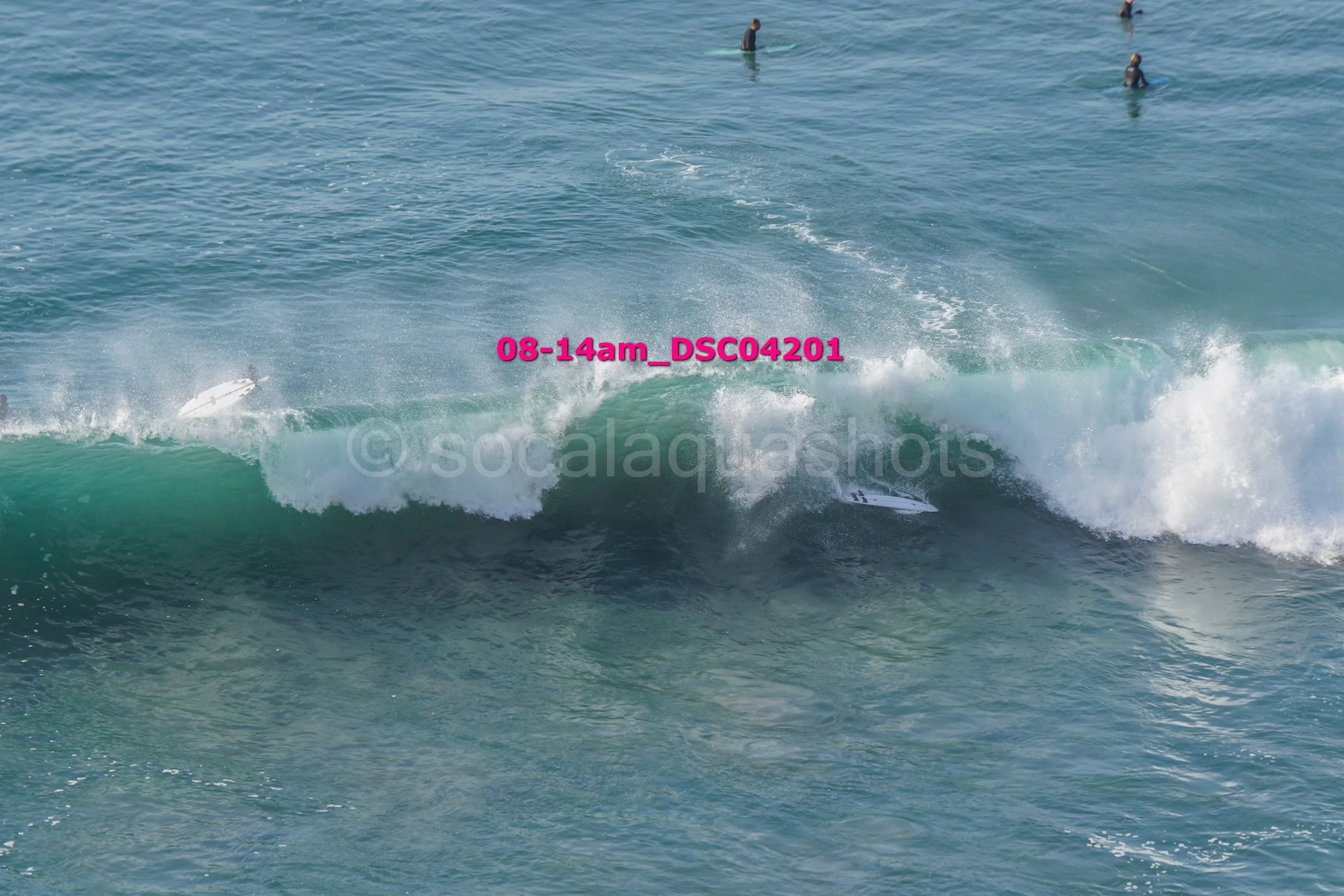 Multiple surfers in the ocean, one riding a wave, with others in the background standing or waiting in the water.