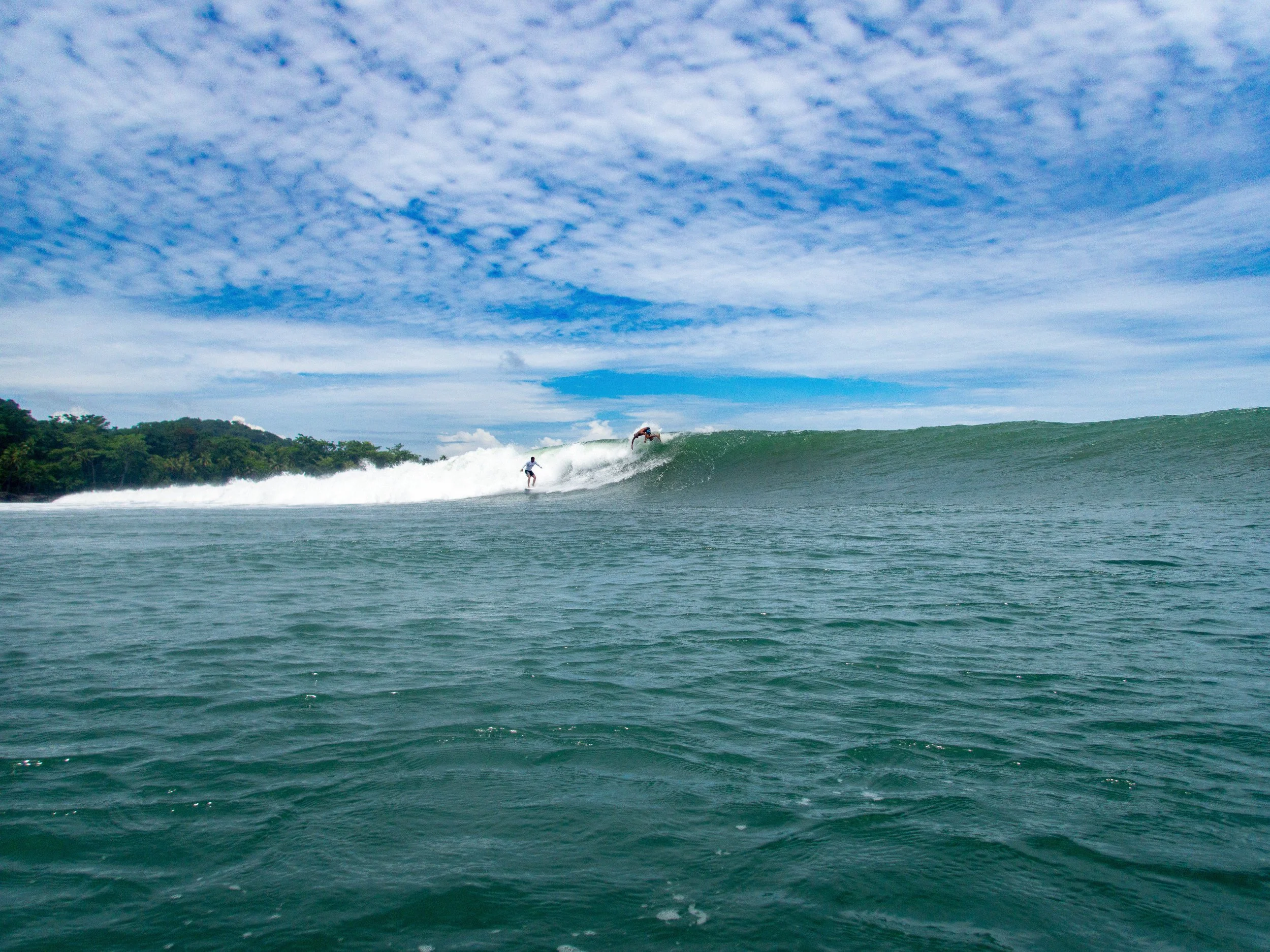two surfers riding a wave with cloudy blue sky and forested coastline in background