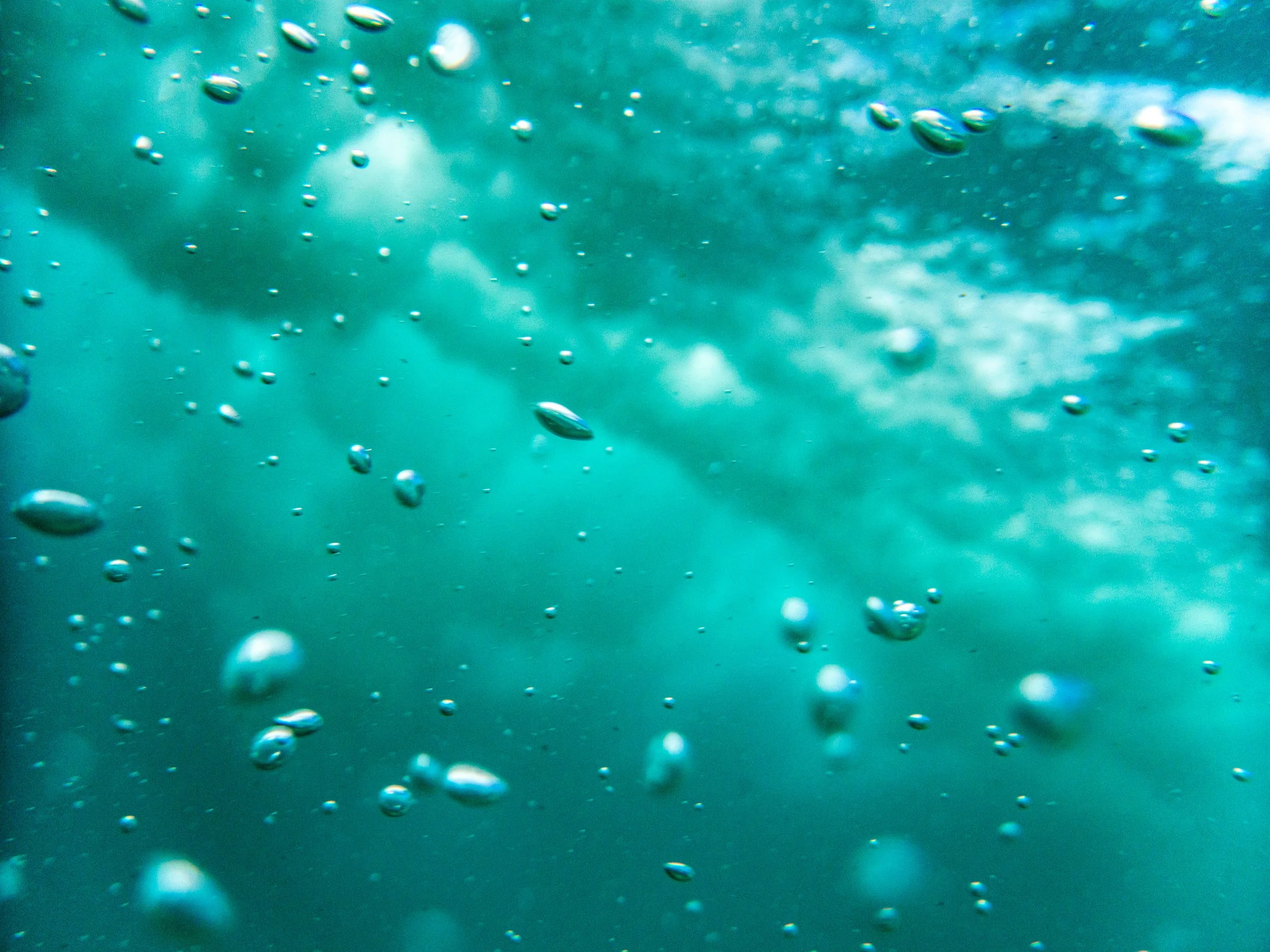 Underwater view with bubbles rising to the surface, with shades of blue and green in the water.