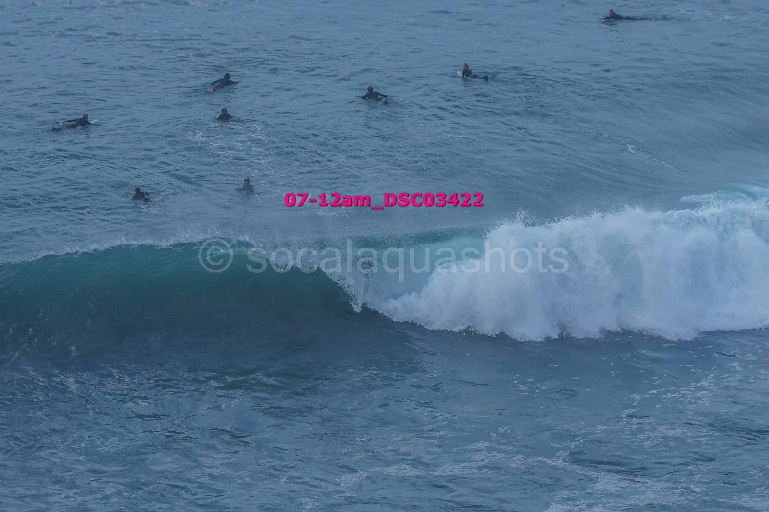 Several surfers in the ocean waiting for waves, with one wave breaking in the foreground.