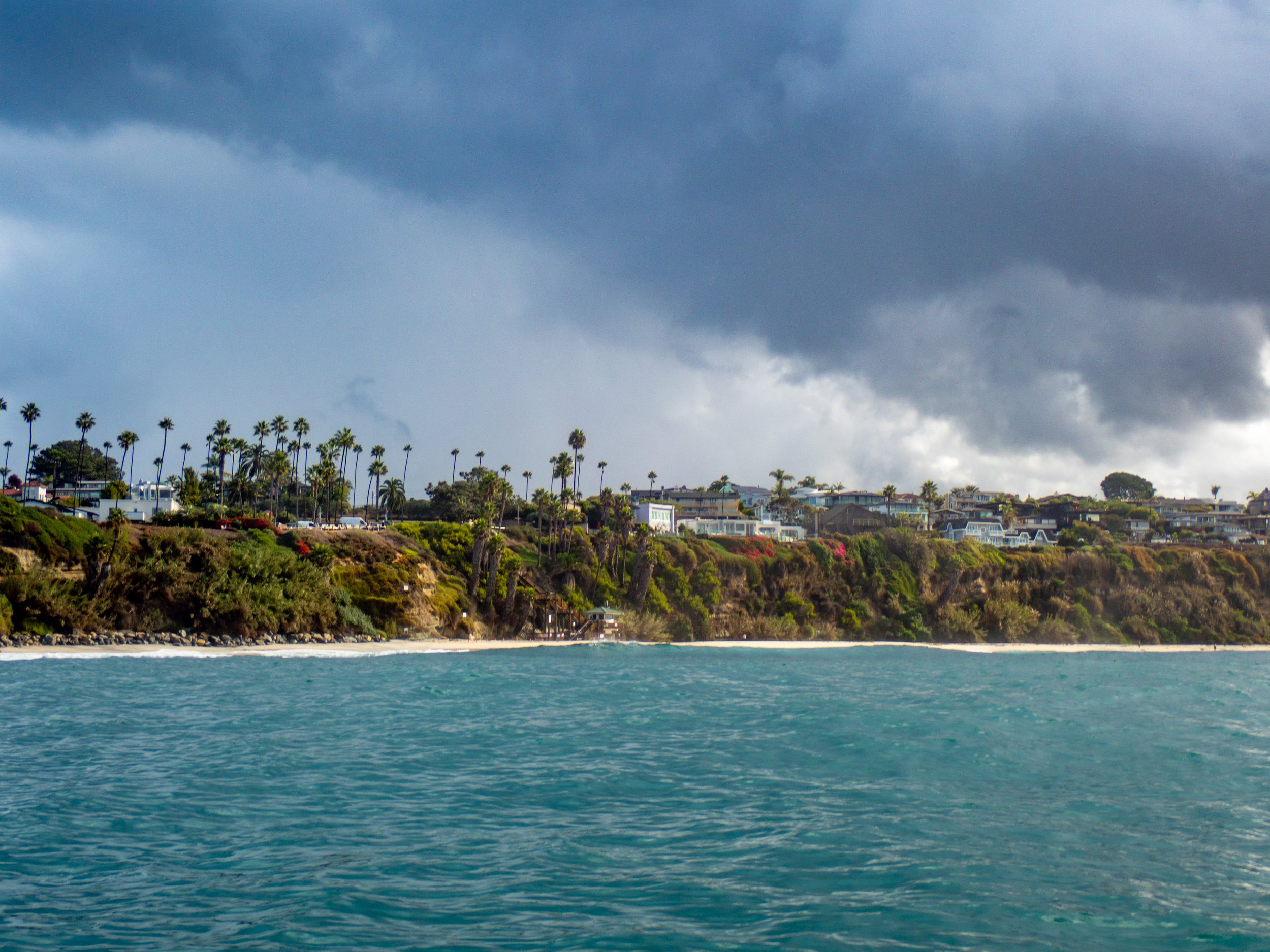 A coastline with green vegetation, houses, and palm trees on a hill under dark storm clouds over the ocean.