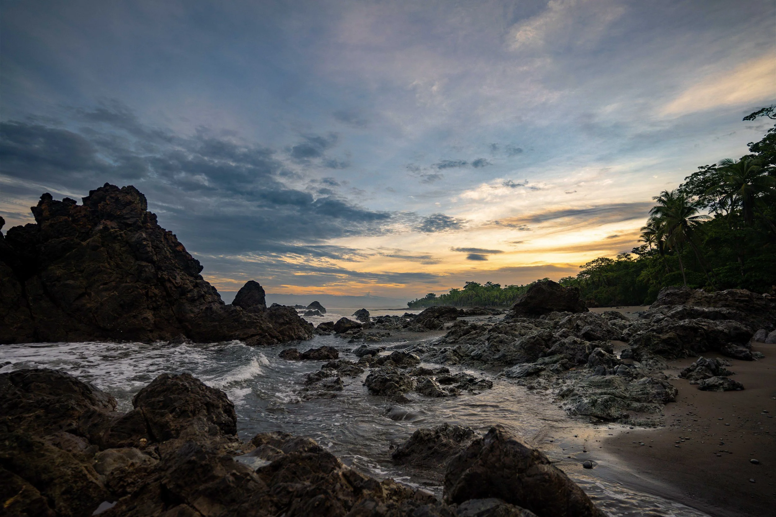 A rocky beach at sunset with the ocean, palm trees, and a cloudy sky.
