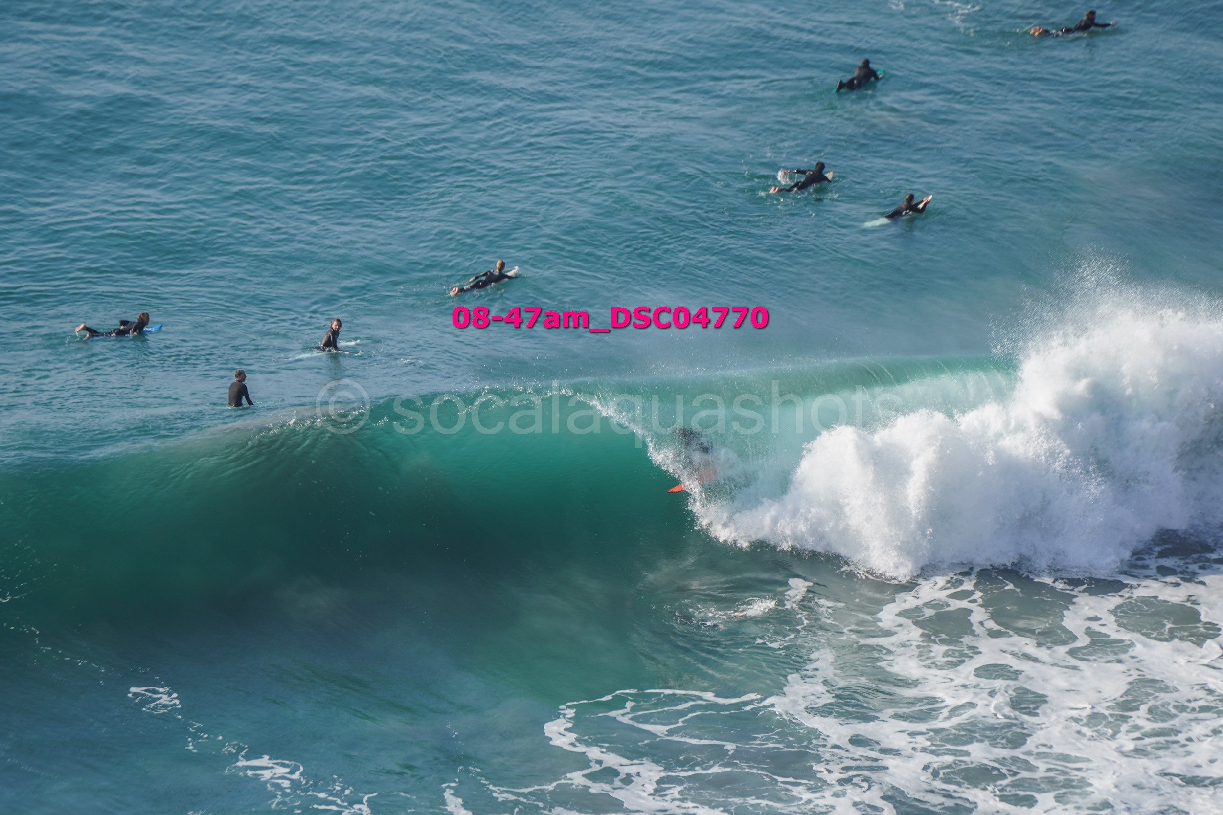 A group of surfers in wetsuits on a clear blue ocean, some riding a wave and others waiting in the water.