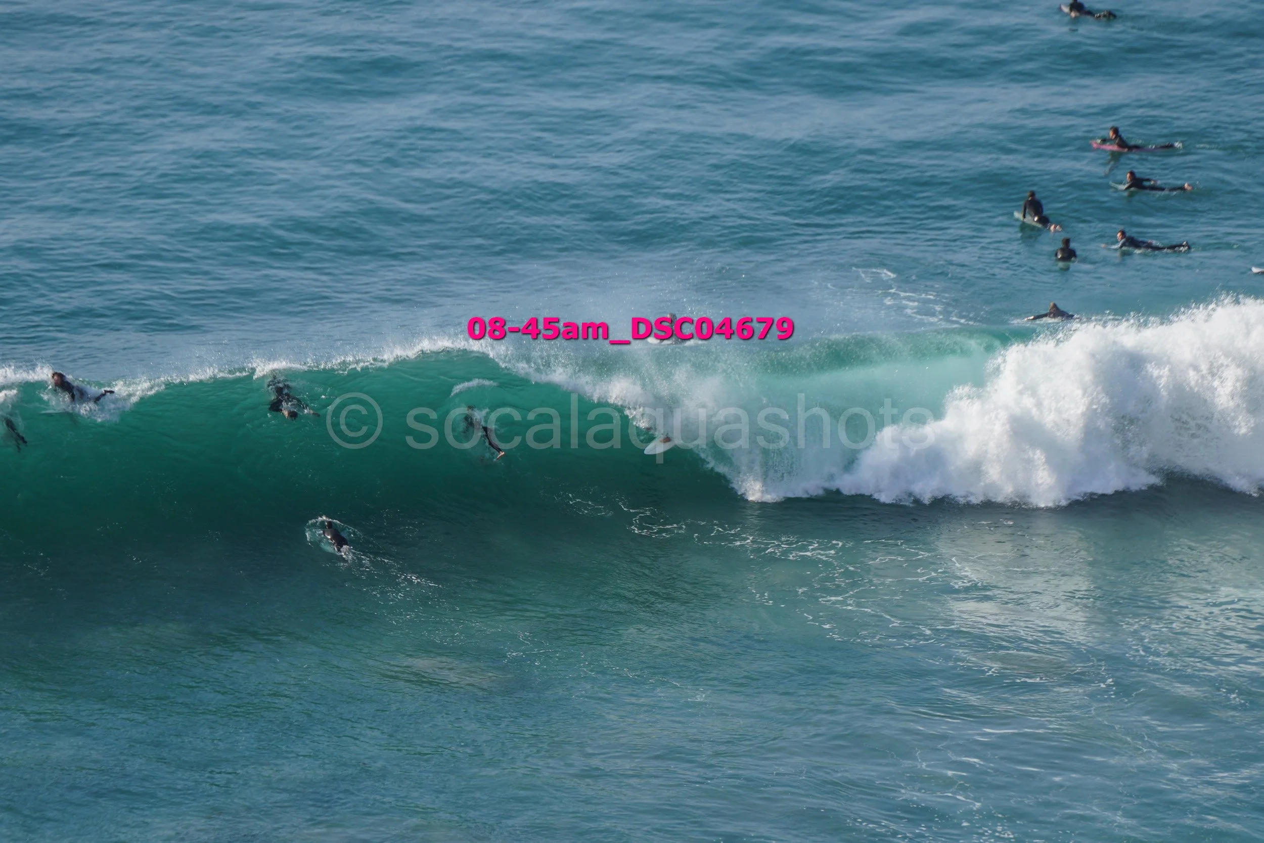 Multiple surfers in the water, some riding a wave and others waiting in the ocean, with the wave in mid-crest and a clear blue sky.