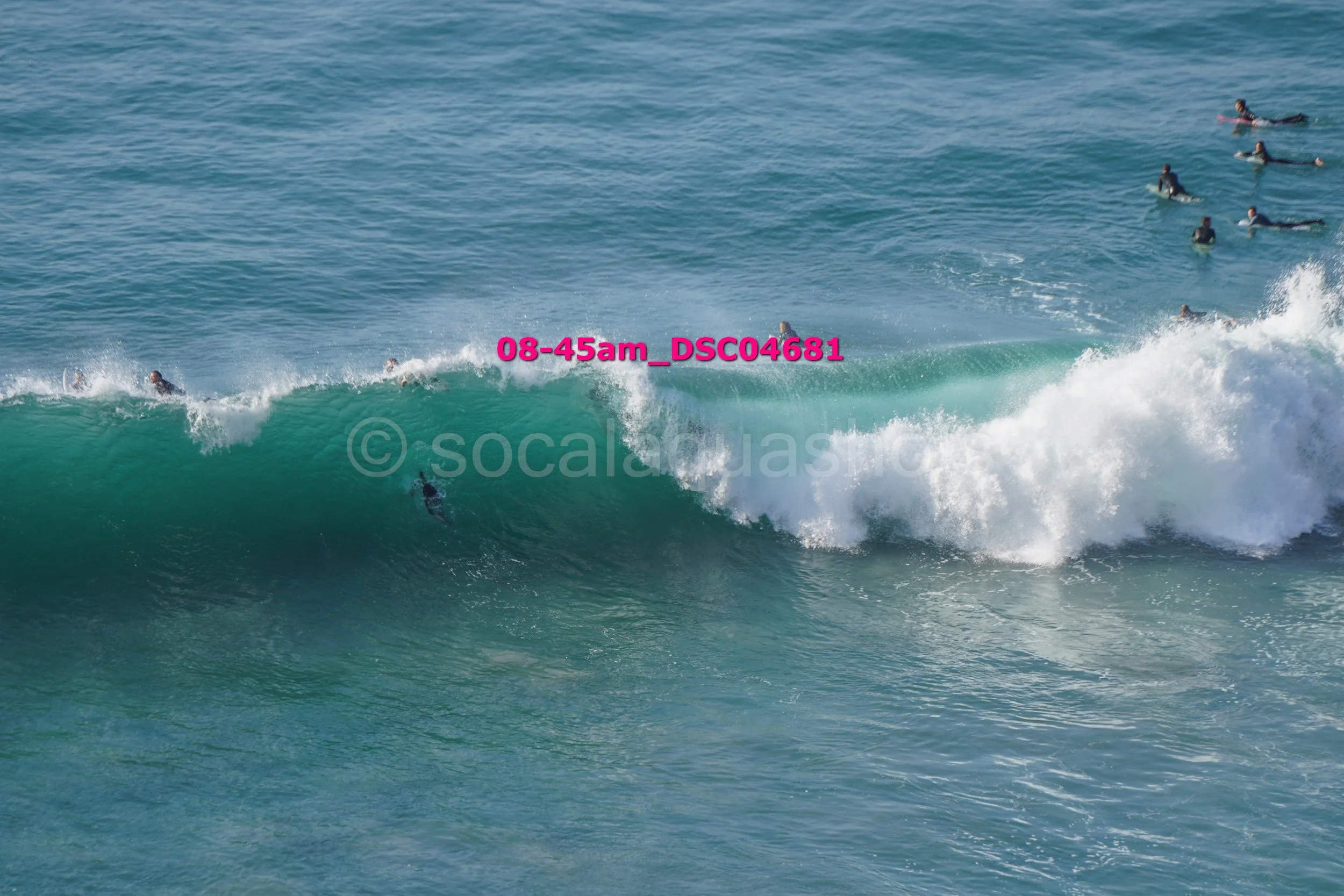 Several surfers riding a large ocean wave with some surfers in the background waiting in the water.
