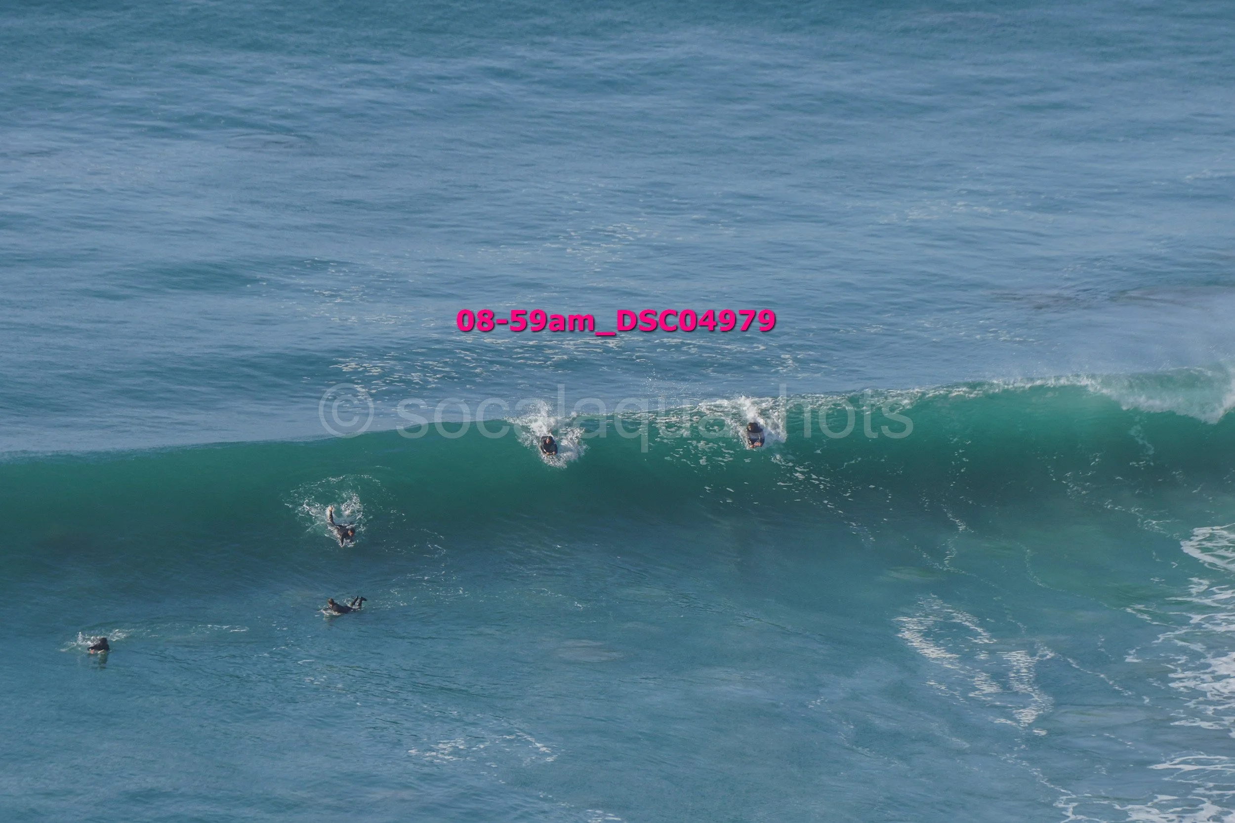 Five surfers in black wetsuits riding and swimming in blue ocean waves.