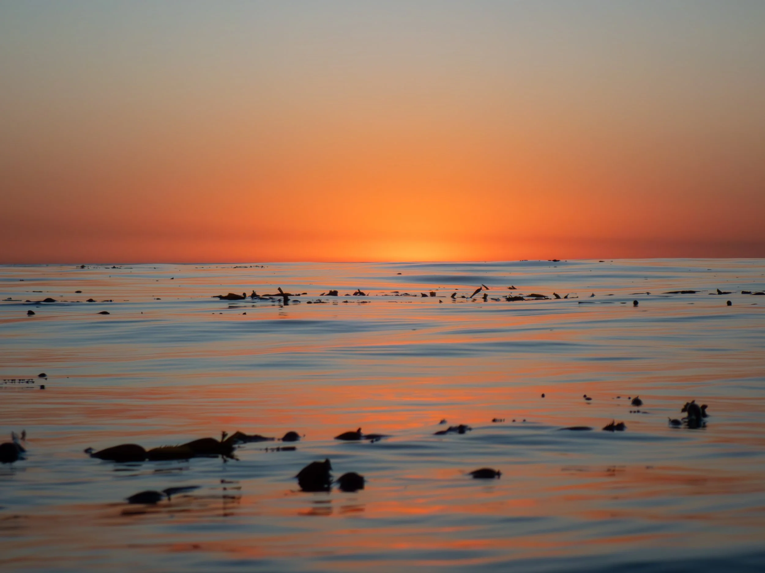 Sunset over calm ocean water with scattered rocks and small waves, colorful sky with orange and blue hues.