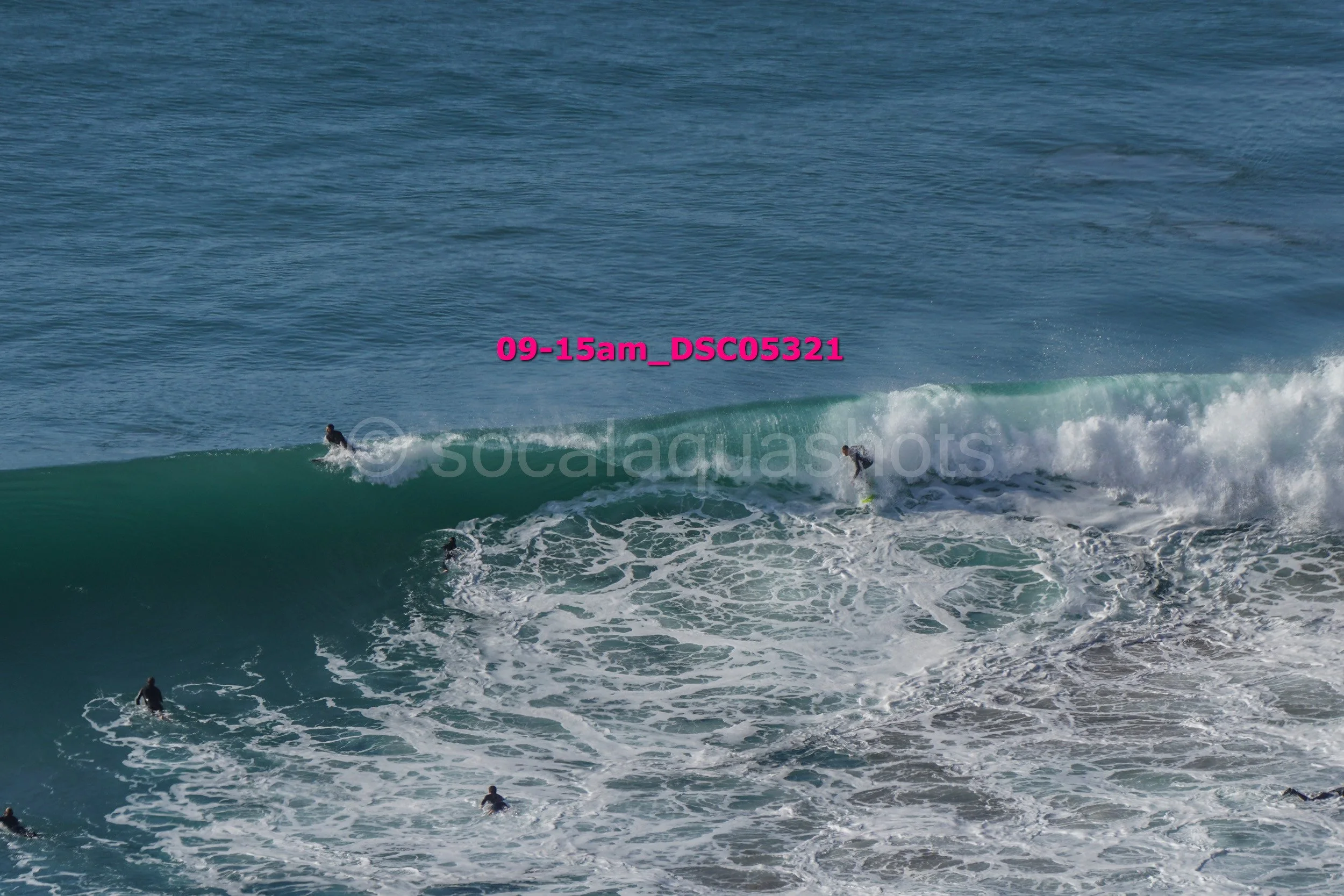 Several surfers riding and waiting for waves in the ocean.