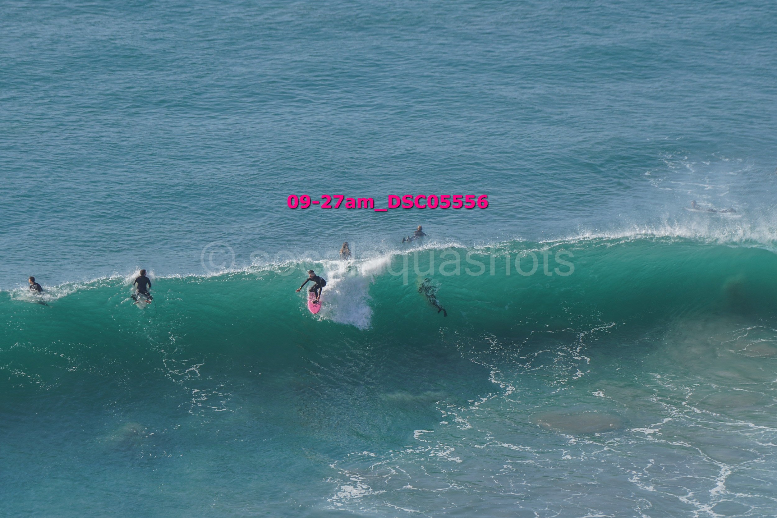 Surfer riding a wave with several other surfers in the water, ocean background, pink watermark with file name