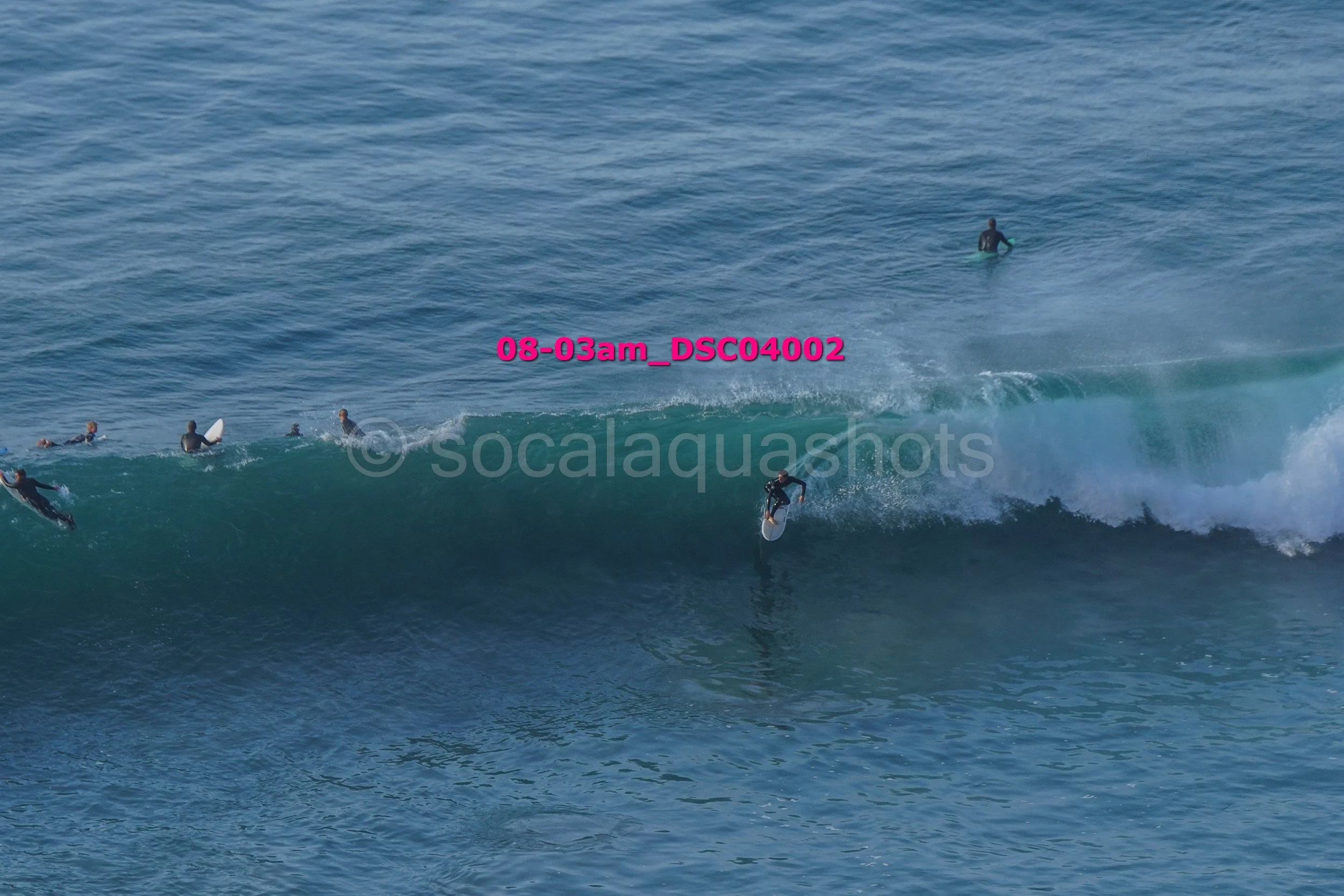 Multiple surfers in the ocean, one riding a wave, others waiting or paddling in the water.
