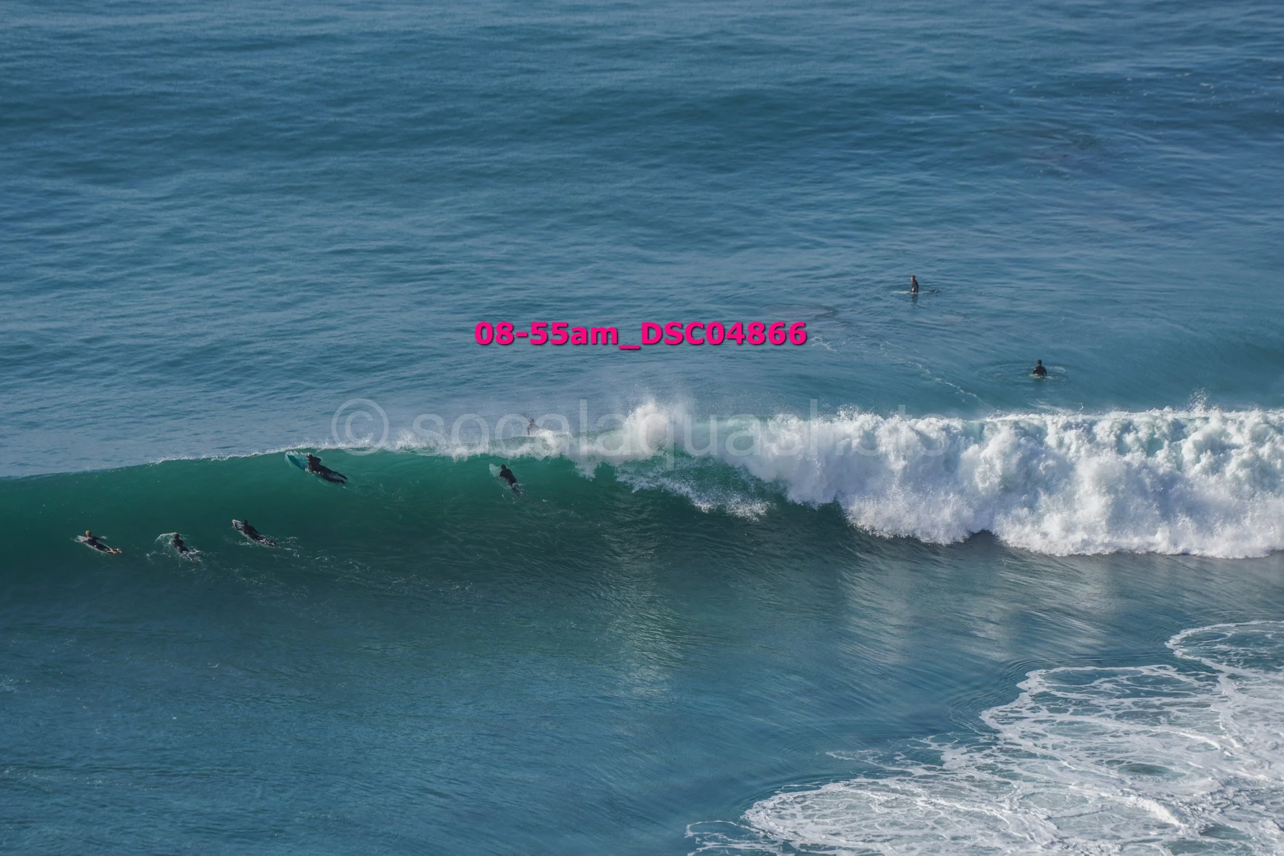 Multiple surfers in wetsuits riding and paddling on ocean waves in the water.